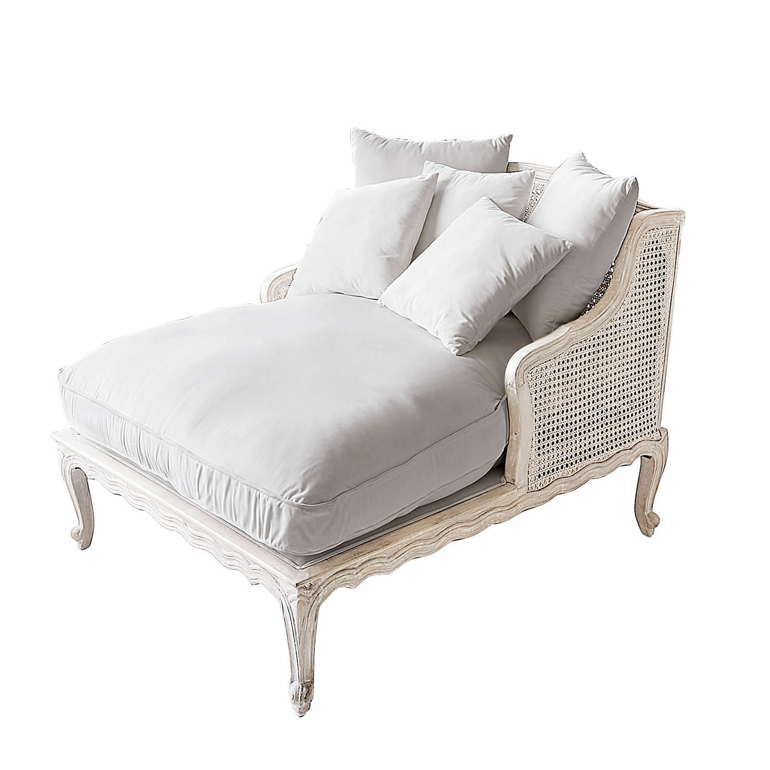 braun Elegante Chaiselongue Dronne aus hellbraunem Holz mit weissen Polstern, bequemer Loungesessel