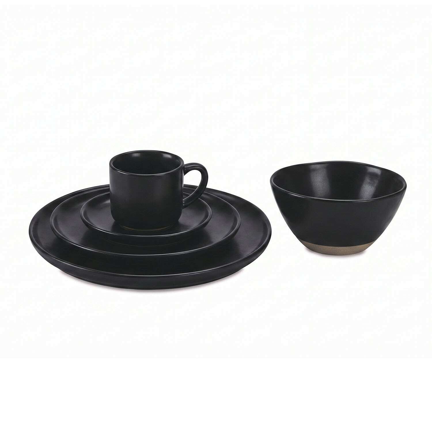 schwarz Schwarzes Keramik-Geschirrset mit Tasse, Tellern und Schale in matter Optik