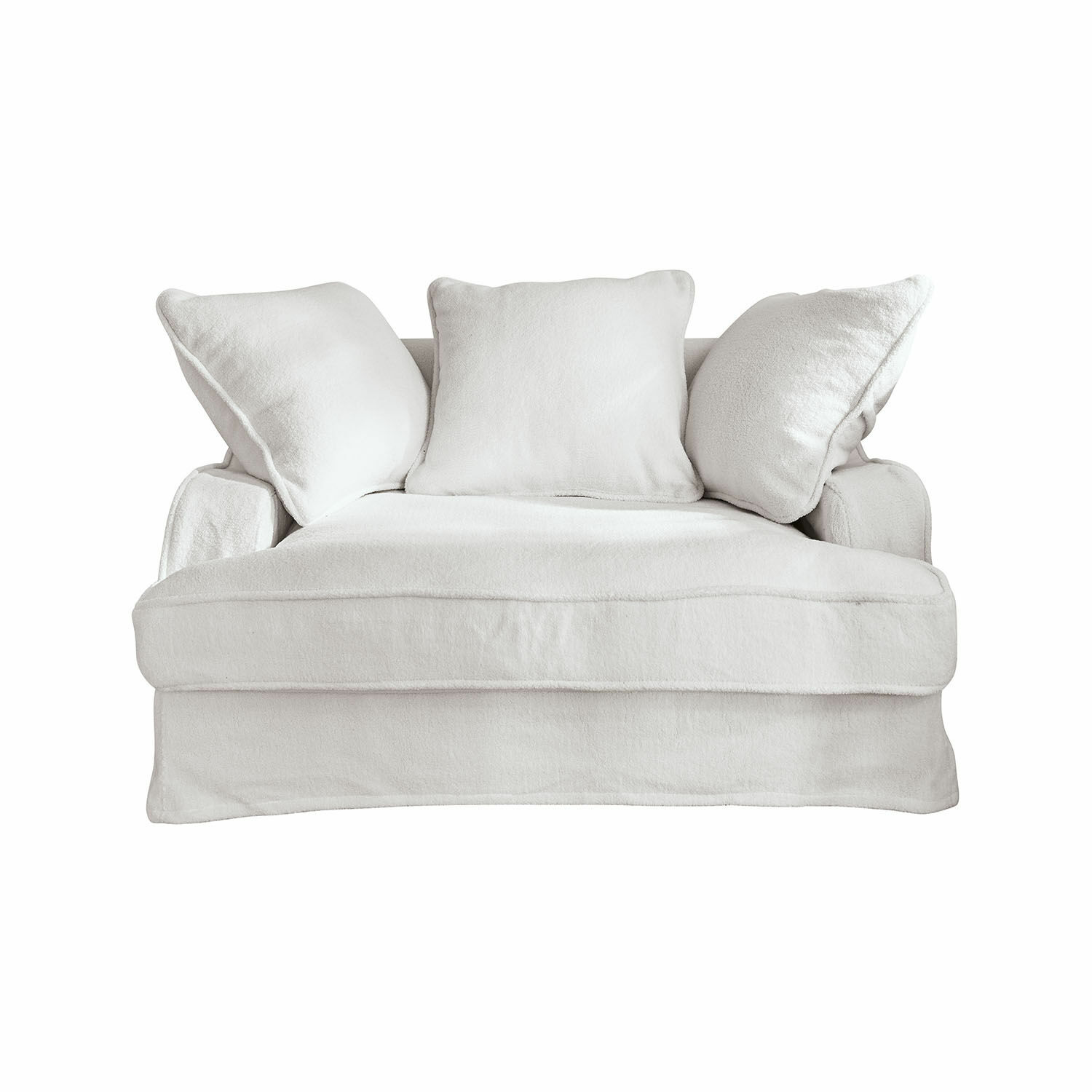 weiss Weisses Sofa Monaco aus weichem Stoff mit drei Kissen, gemütlich für das Wohnzimmer