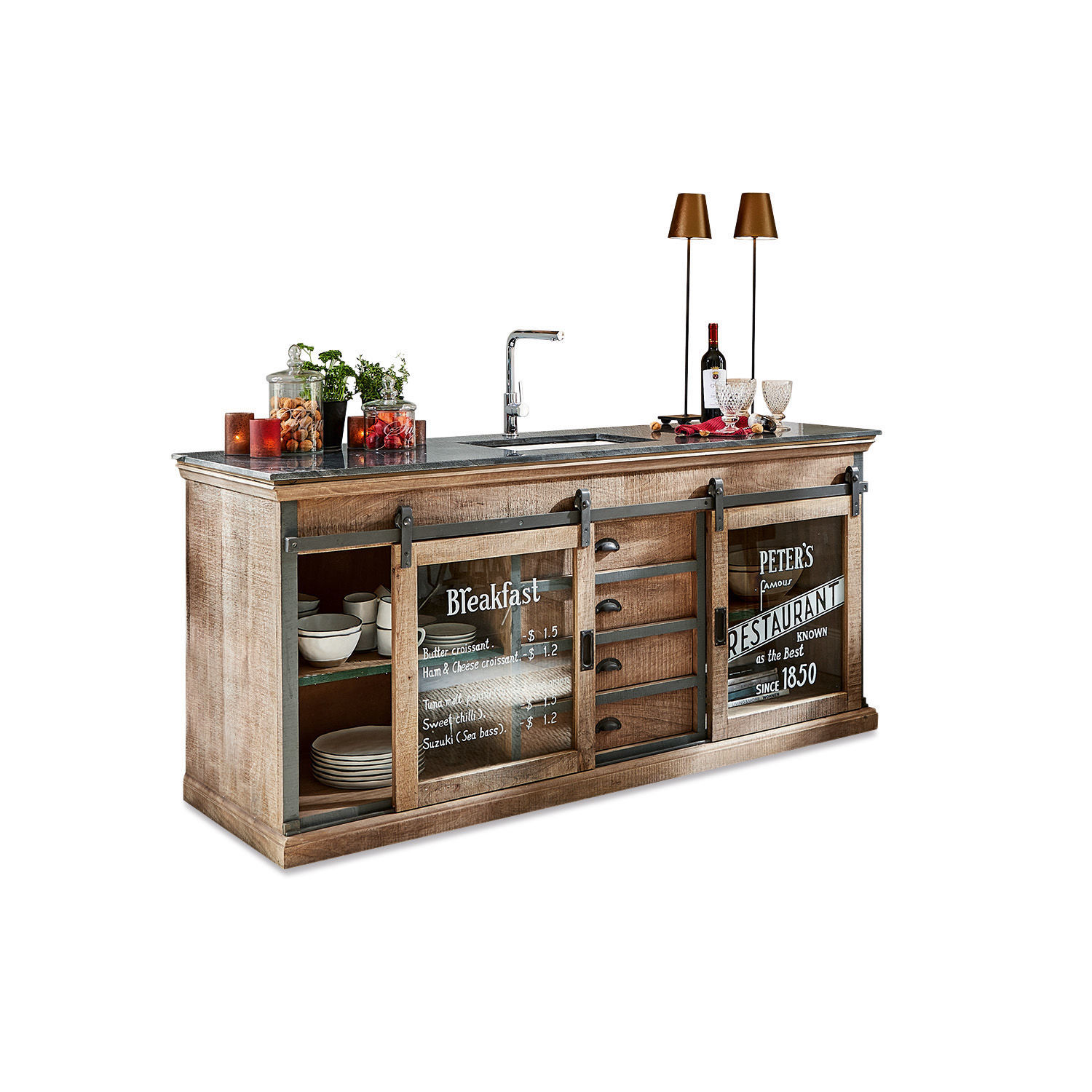 Spülenschrank Holbrook Holz-Kücheninsel mit schwarzer Arbeitsplatte und Glastüren mit Frühstücksmenü-Aufdruck