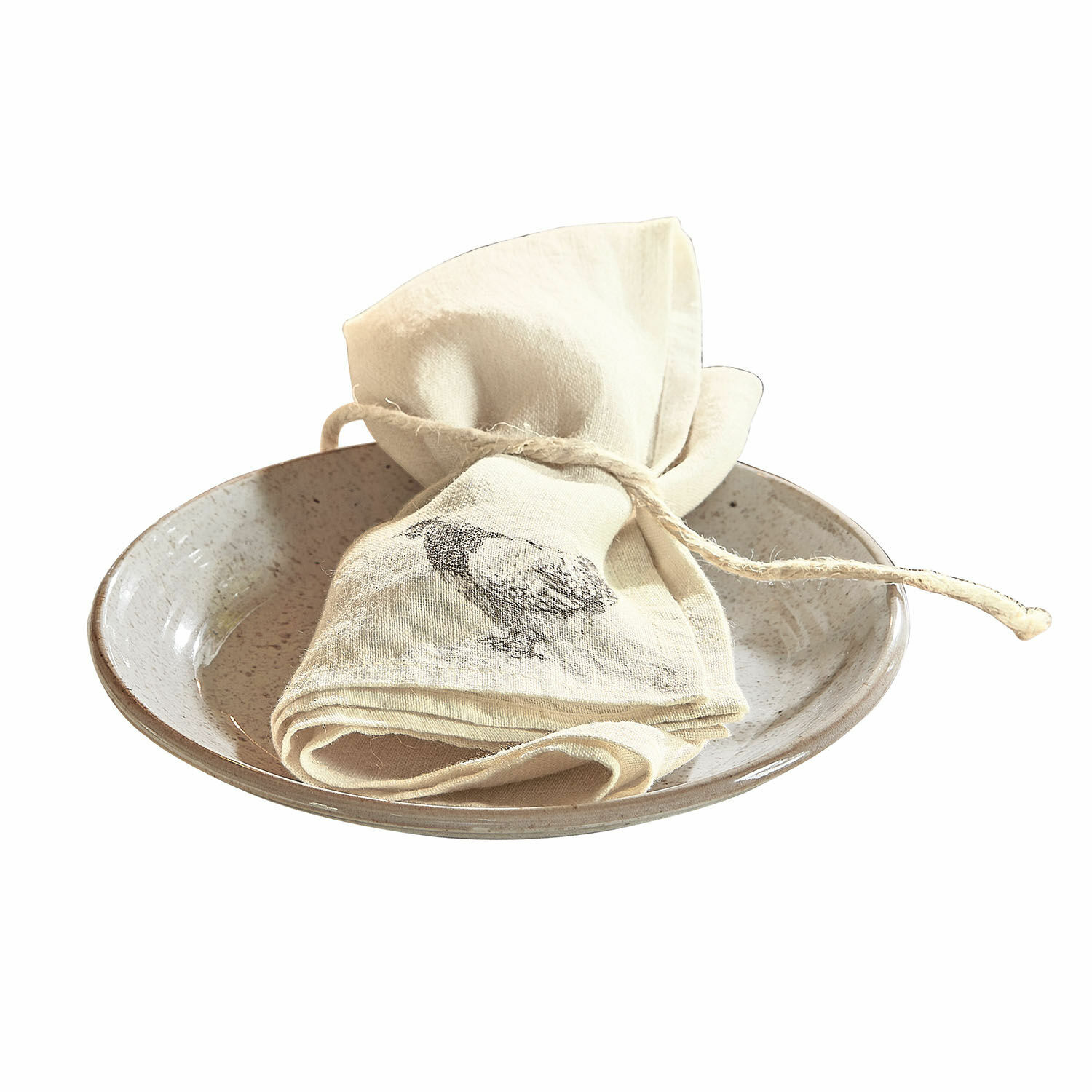 Serviette 4er Set Walorine Leinenserviette in Creme mit Vogelmotiv auf beigem Keramikteller als Tischdekoration