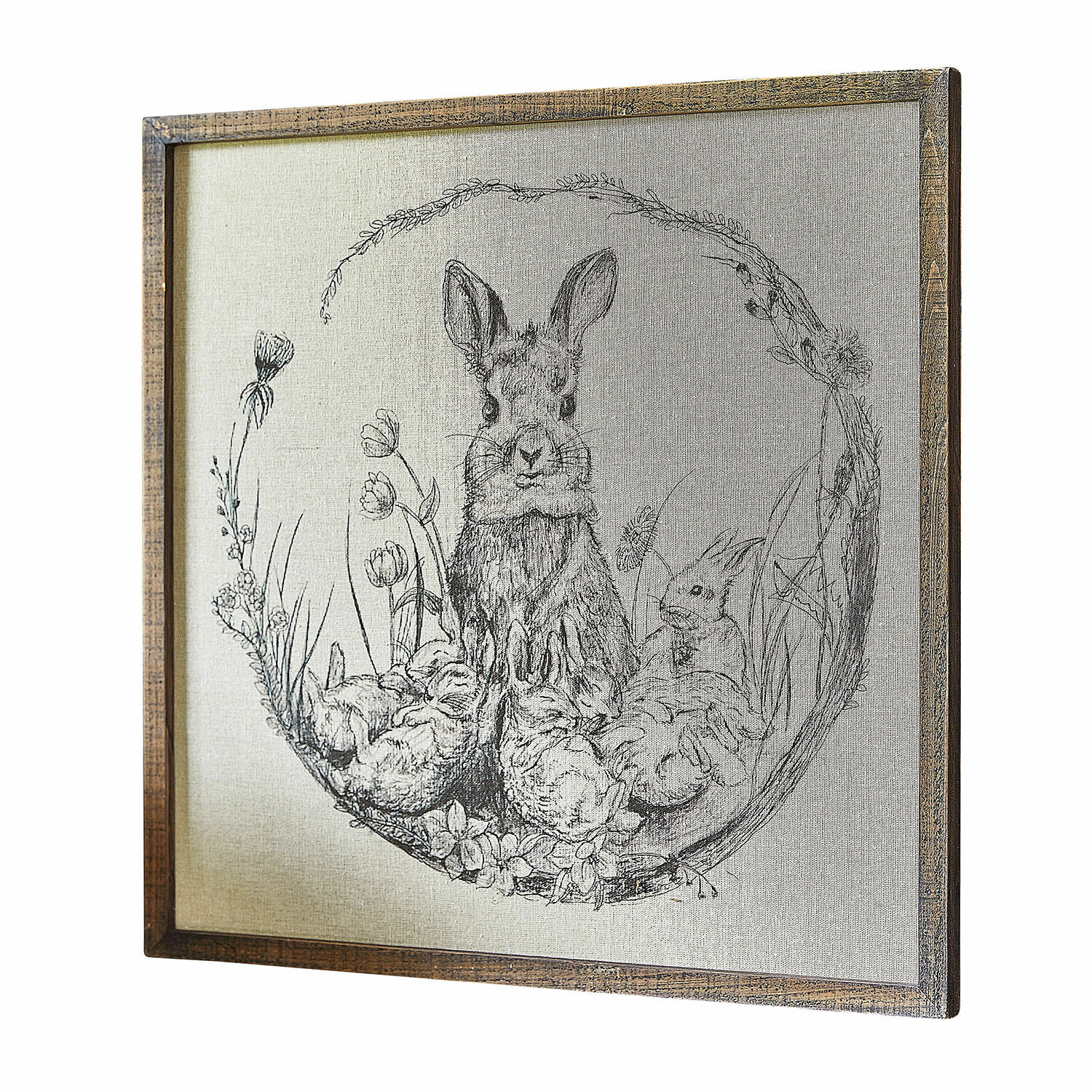 Bild Orolac Holzgerahmtes Bild mit schwarz-weiss Hasen- und Blumenmotiv auf dekorativer Leinwand