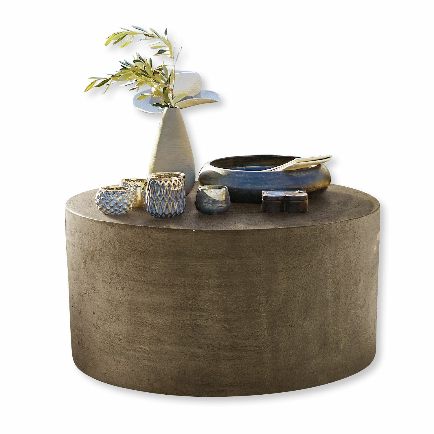 Couchtisch Lexy Runder Couchtisch aus grauem Beton mit dekorativen Keramikgefässen und Vase mit grünen Zweigen