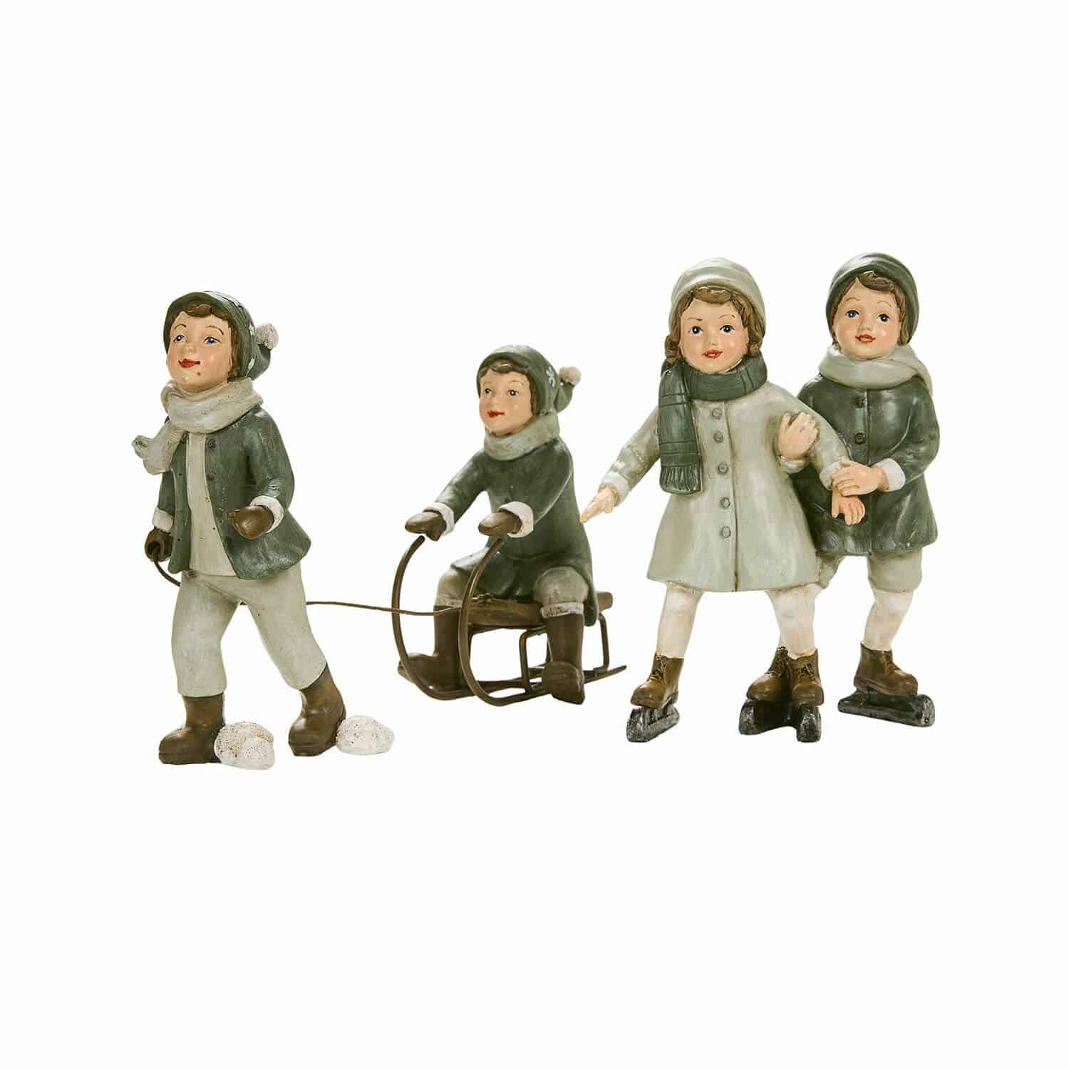 Figur 2er Set Andros Figuren von Kindern in Winterkleidung mit Schlitten und Schlittschuhen, grün-beige Dekoration