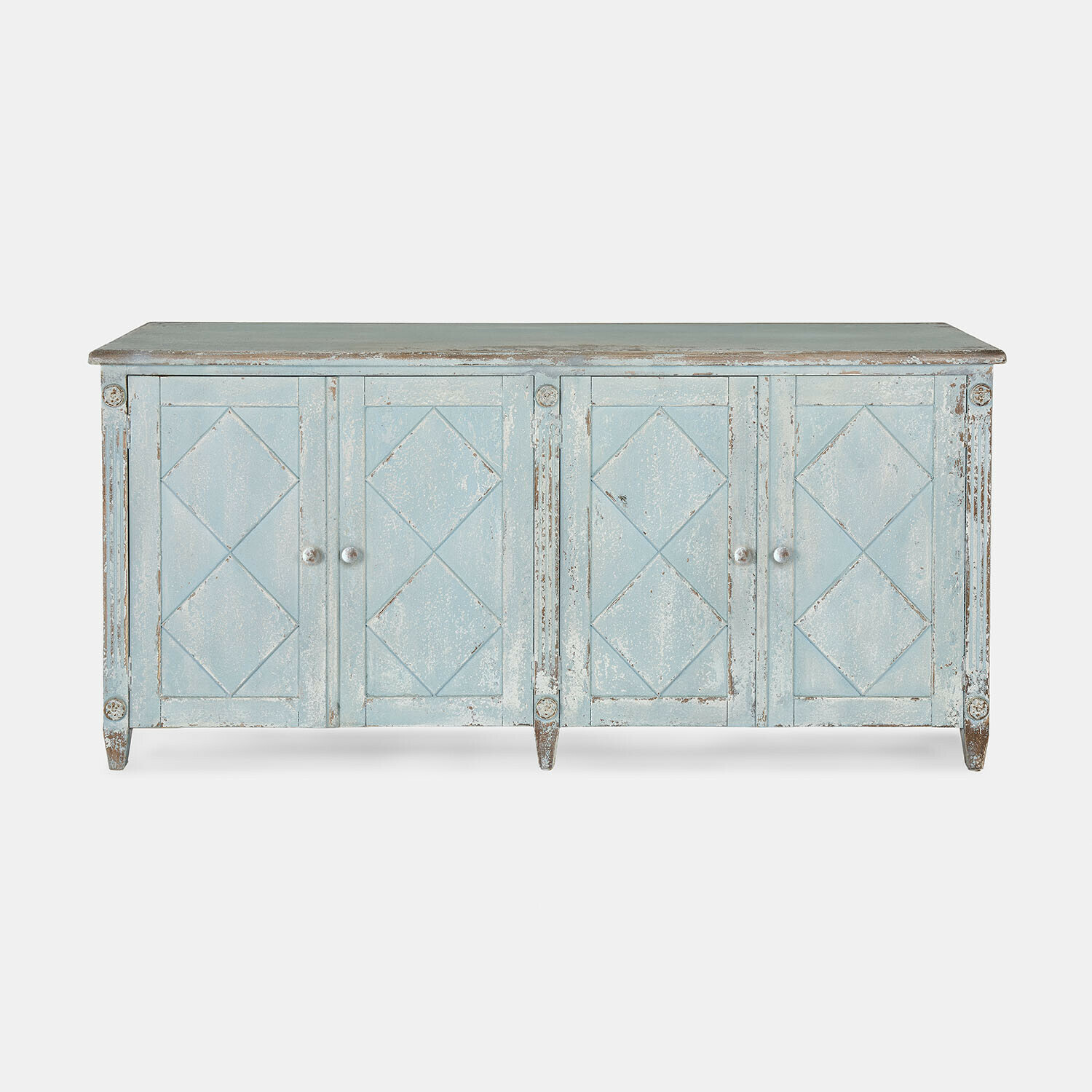 Kommode Resplandor Blaue Holzkommode mit antikem Look und geometrischem Muster auf den Türen