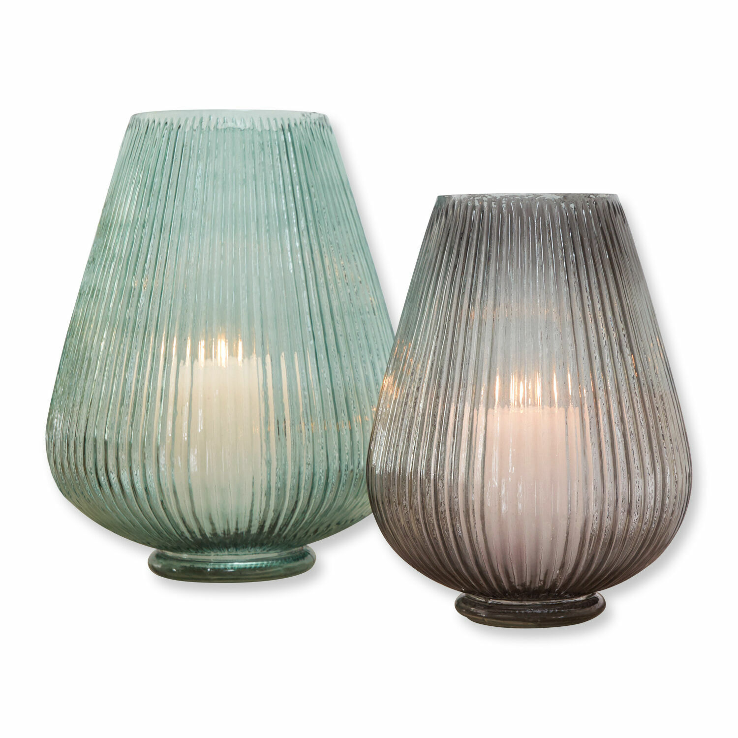 Vase 2er Set Fenis Zwei dekorative Glaslaternen in Grün und Grau mit weissen Kerzen, stilvolle Wohnraumdekoration