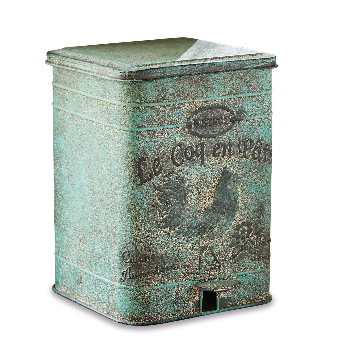Abfalleimer Kora Vintage Metall-Abfalleimer mit grüner Patina und Koggen-Motiv, rustikaler Küchenstil