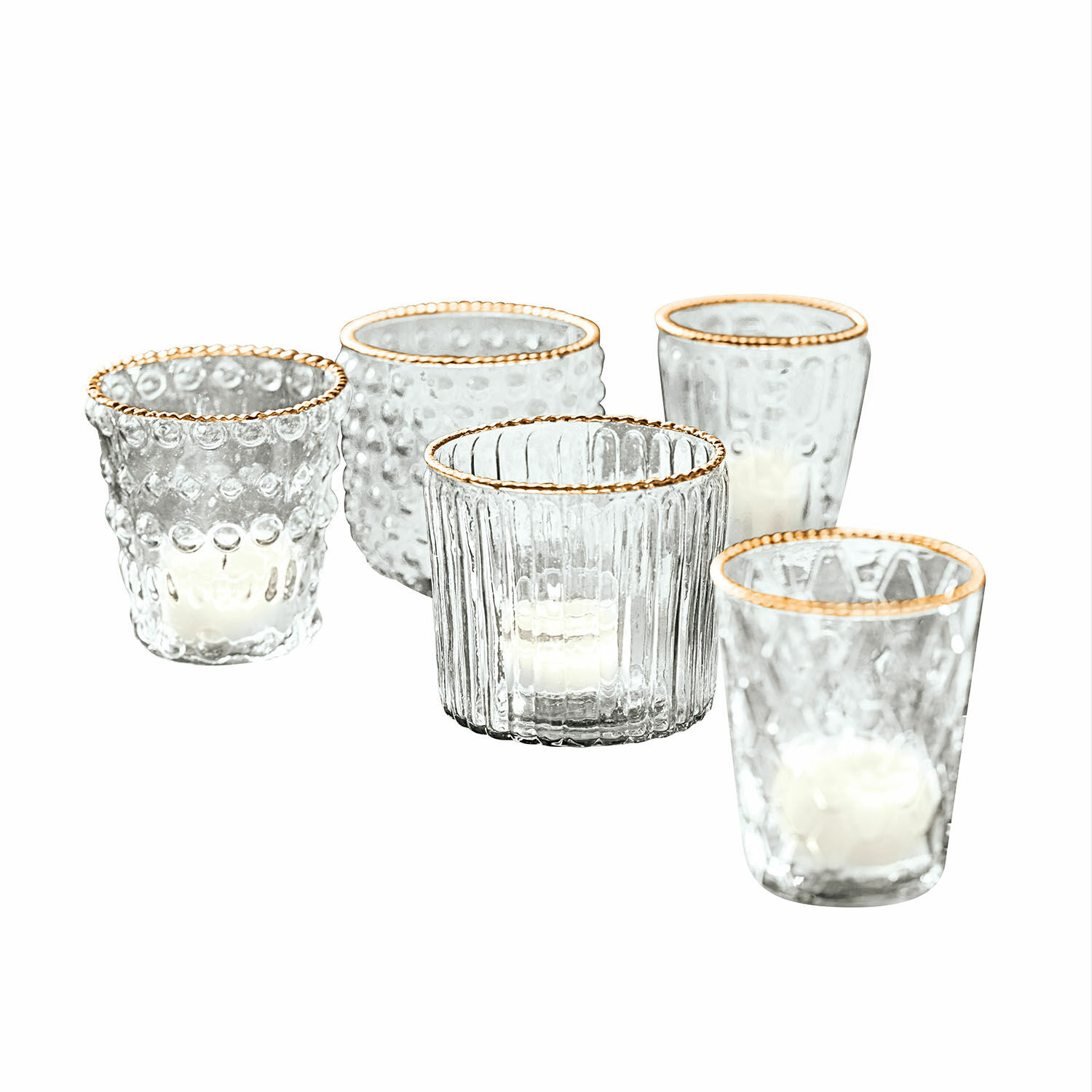 Windlicht 5er Set Jarnac Fünf Glas-Teelichthalter mit goldfarbenem Rand und verschiedenen Glasstrukturen