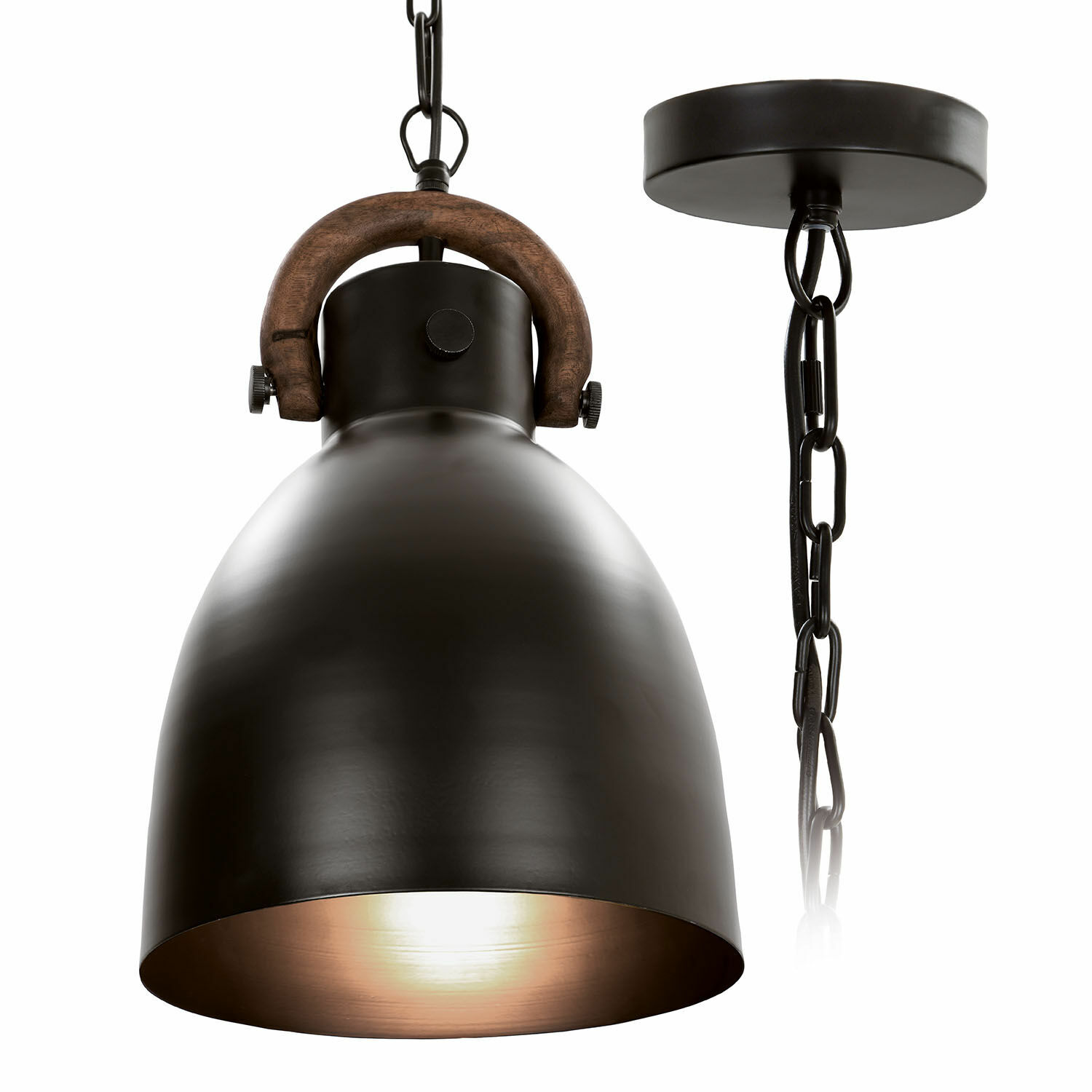 Hängelampe Walcote Schwarze Metall-Hängeleuchte mit Holzgriff und Kette, im industriellen Stil für moderne Beleuchtung