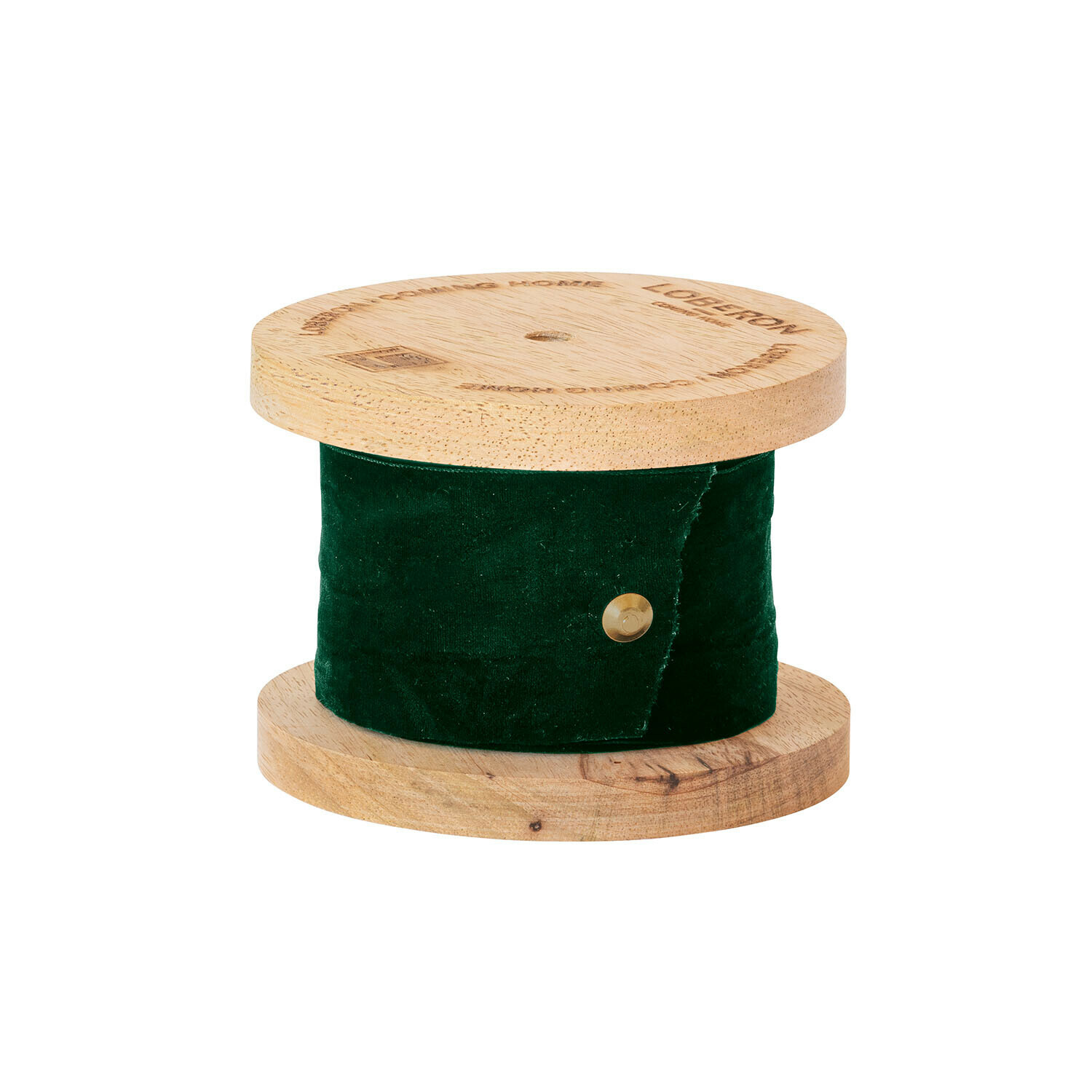 Samtband Phaedra Holzspule mit dunkelgrünem Samt, natürliche Wohnaccessoire aus Holz und Stoff