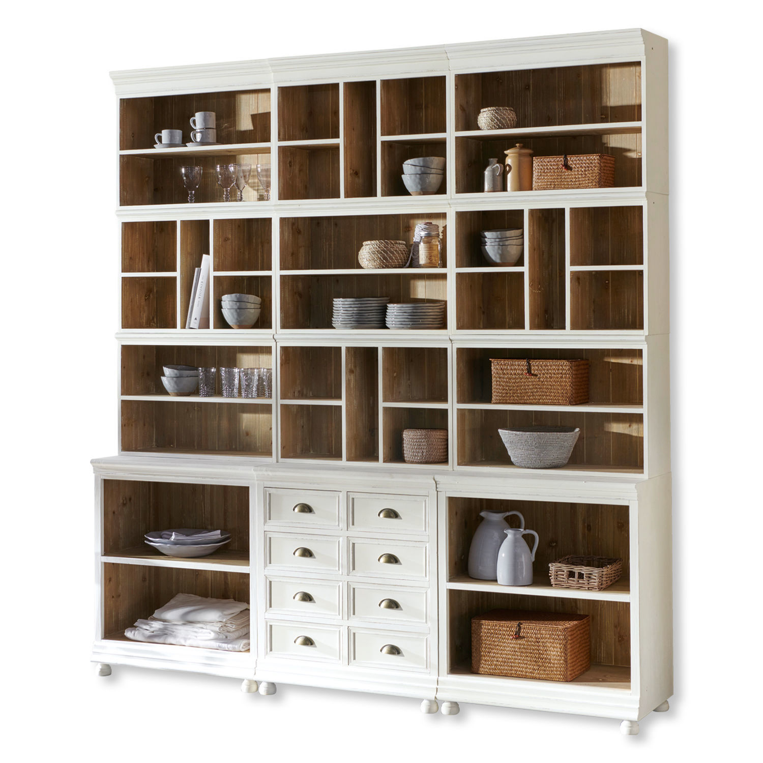 Grosser weisser Holzschrank mit vielen Regalen und Schubladen, rustikaler Stil, Wohnzimmermöbel