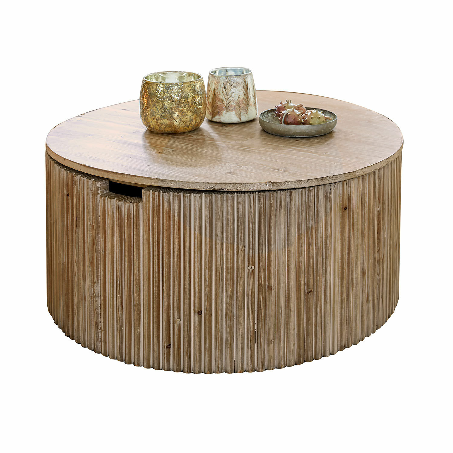Couchtisch Saintouré Runder Couchtisch aus Holz in Naturfarbe mit dekorativen Kerzenhaltern auf der Oberfläche