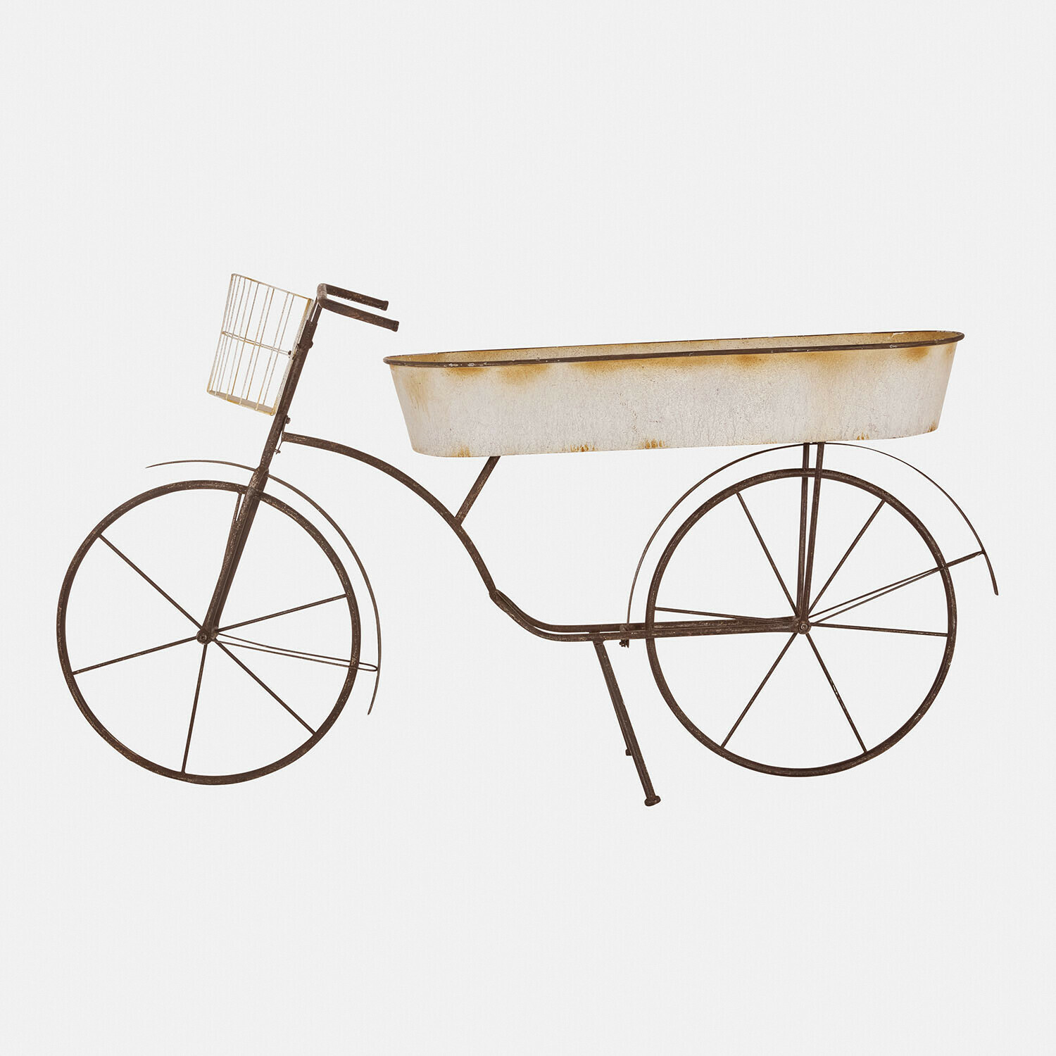 Pflanztisch Donnérie Dekoratives Metallfahrrad mit weissem, gealtertem Kasten in der Mitte, rustikaler Stil