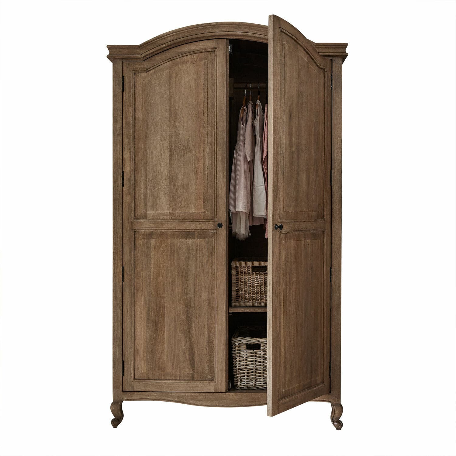 Kleiderschrank Éveilou Holzschrank in natürlichem Braun mit gebogenen Türen, Kleidung und Aufbewahrungskörben im Inneren