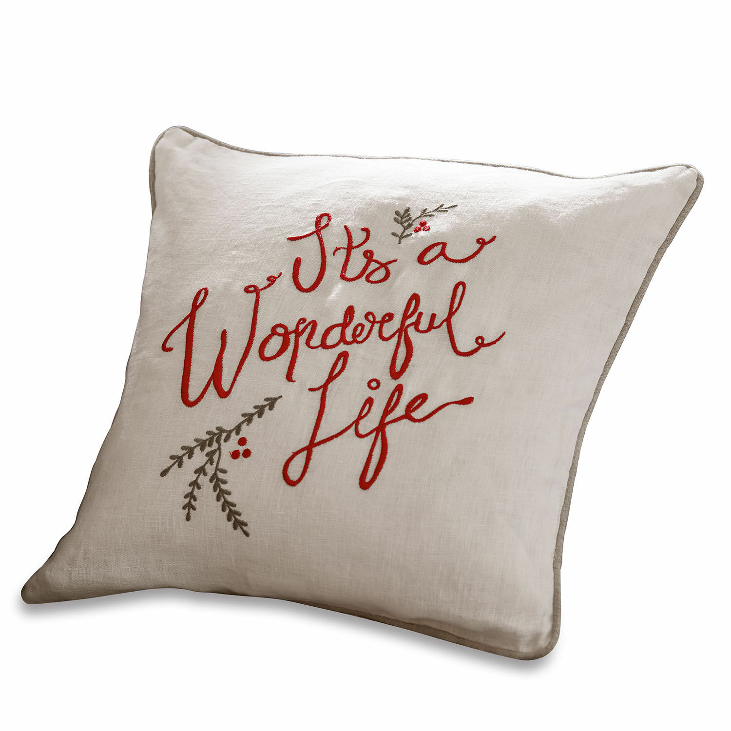 Kissenhülle Wonderful Beiges Leinenkissen mit roter Stickerei „It’s a Wonderful Life“ und dekorativen Zweigen