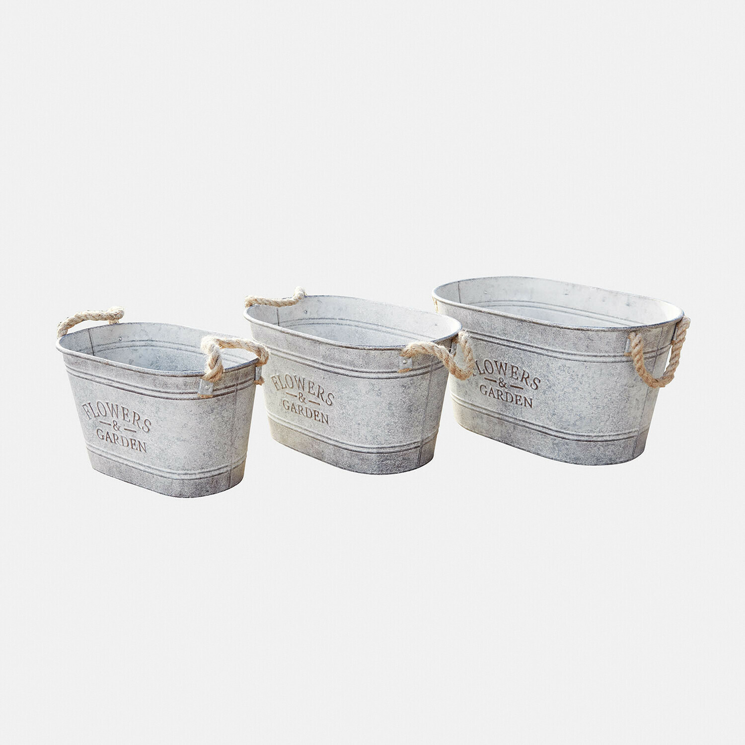 Übertopf 3er Set Merrin Set mit drei grauen Metallbehältern mit Seilgriffen für Blumen und Garten