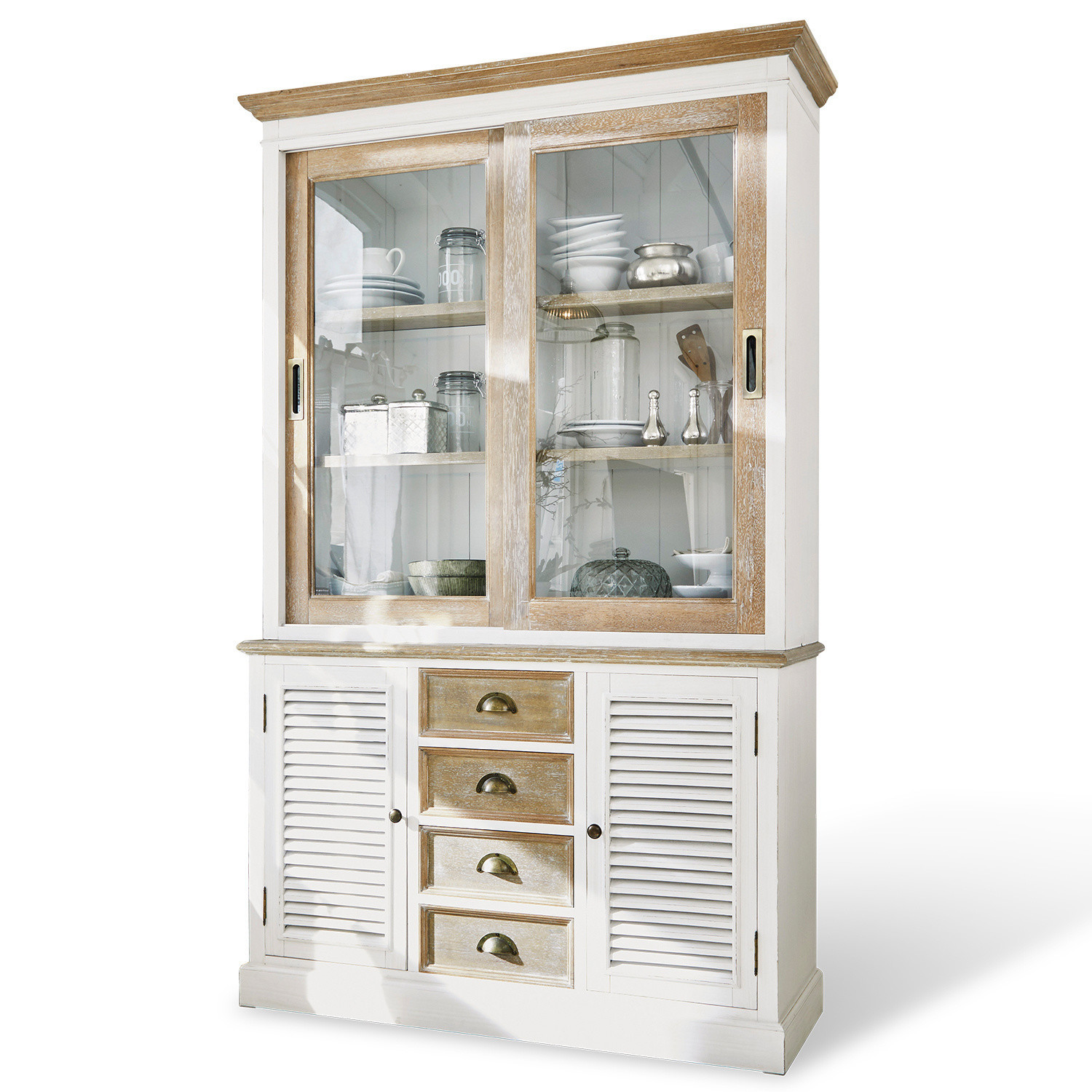 Schrank Moosehide Weisse Holzvitrine mit Schiebetüren aus Glas und Schubladen im Vintage-Stil
