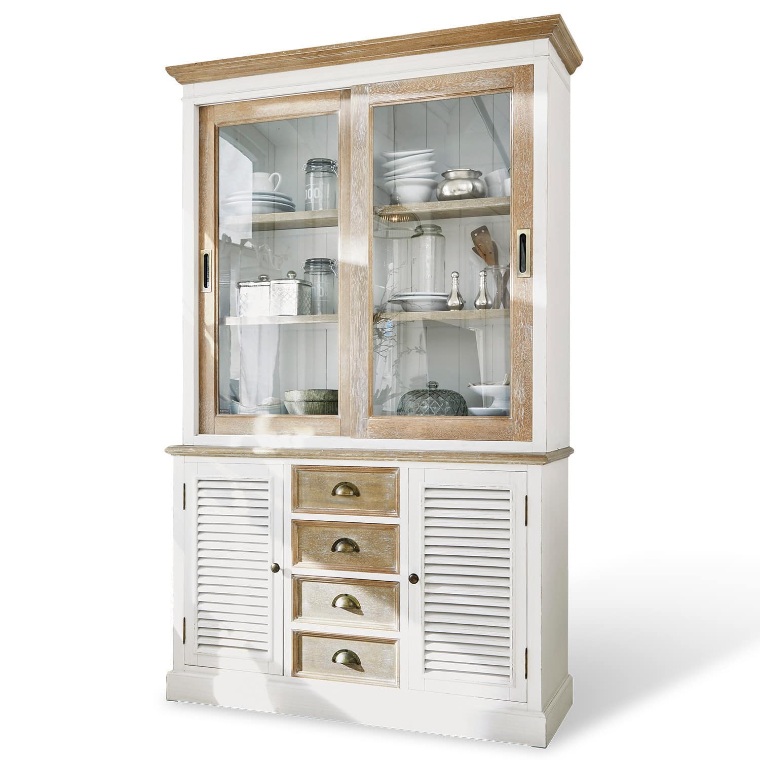 Schrank Moosehide Weisse Holzvitrine mit Schiebetüren aus Glas und Schubladen im Vintage-Stil