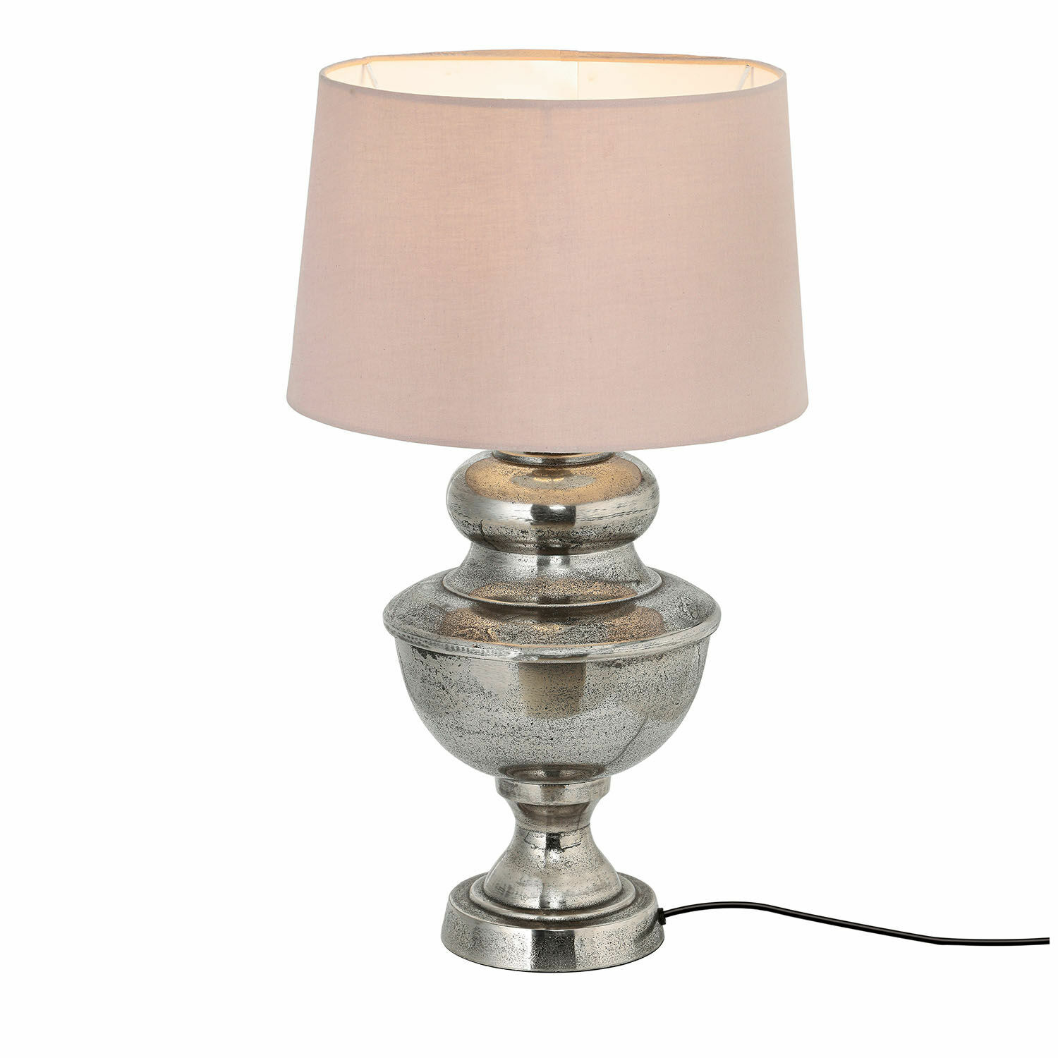 Tischlampe Kalvin Tischlampe mit silberner Metallbasis und beigem Stoffschirm, dekorative Wohnzimmerbeleuchtung