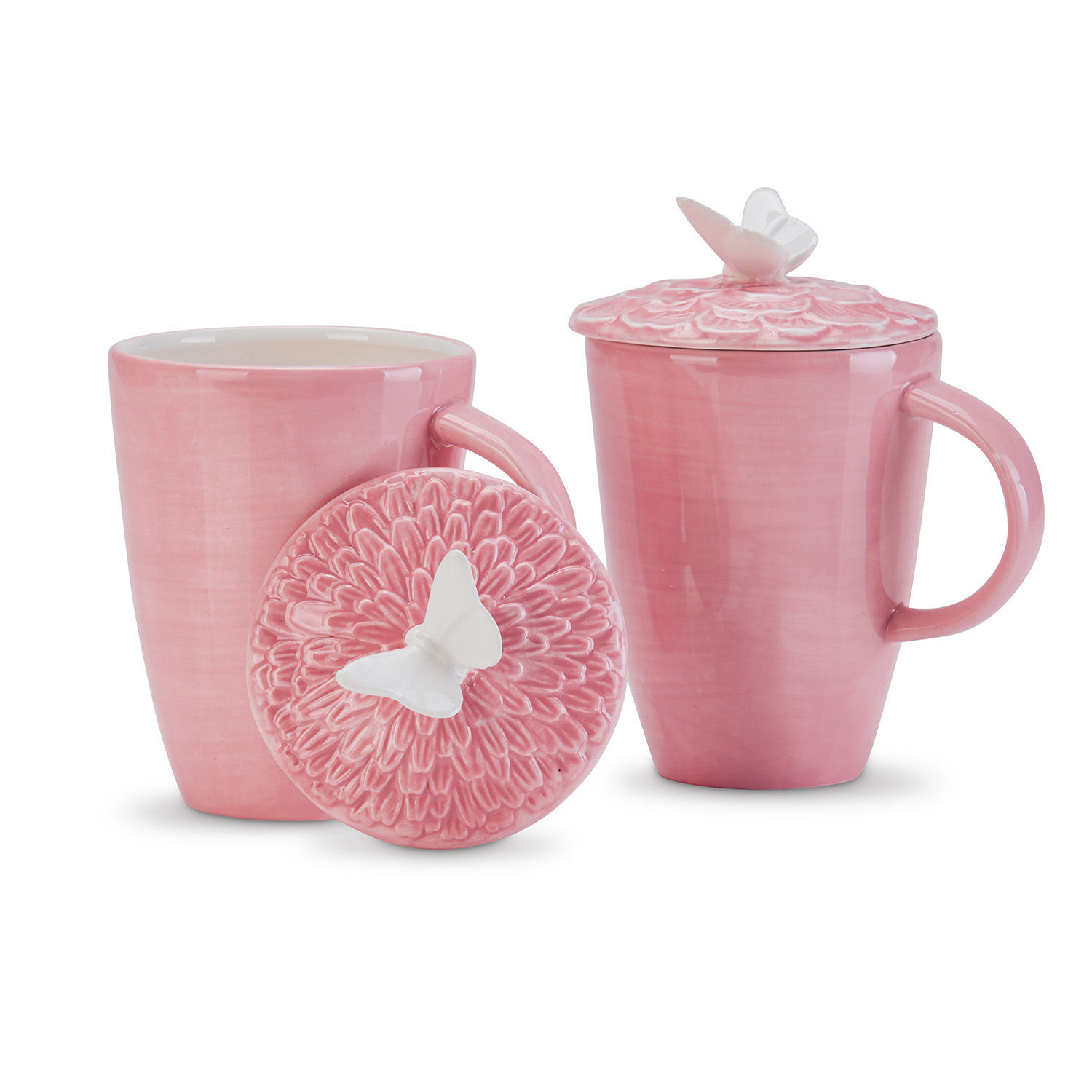 Tasse 2er Set Daireann Rosa Keramiktasse mit Deckel und weissem Schmetterling, elegantes Teeset aus Keramik