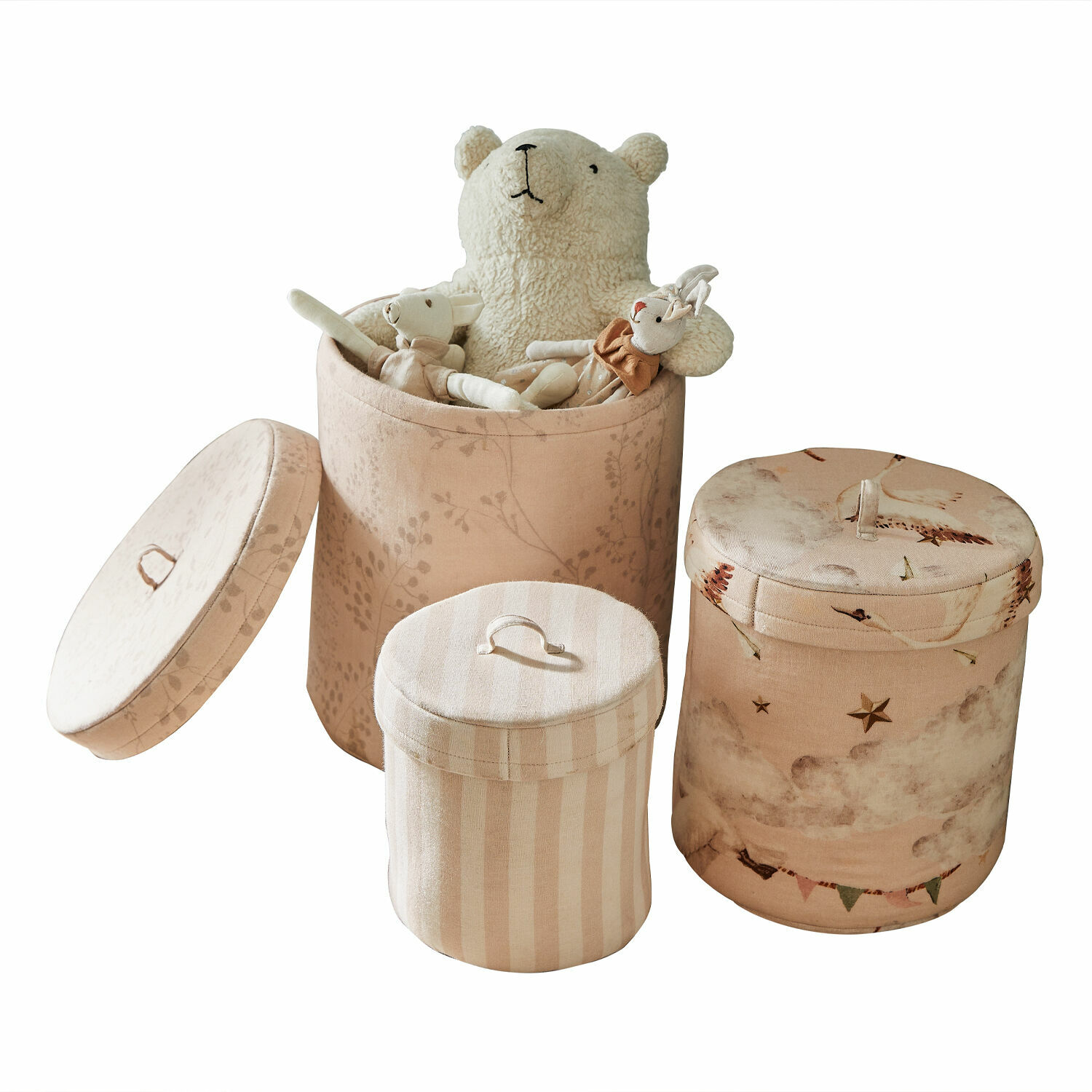 Box 3er Set Bellise Drei beige Stoff-Aufbewahrungsboxen mit Deckeln, ideal für Spielzeug und Dekorationen