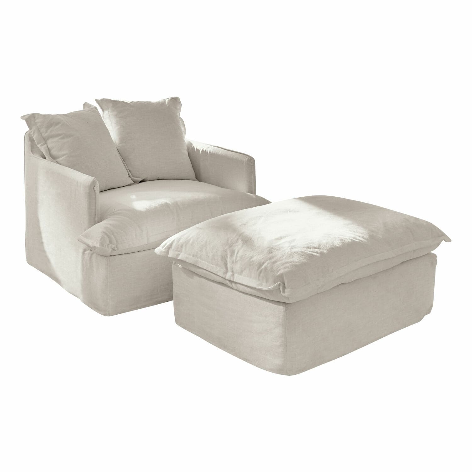 Sessel mit Hocker Avignon Bequemer Sessel mit Hocker aus hellbeigem Leinen, ideal zum Entspannen im Wohnzimmer.