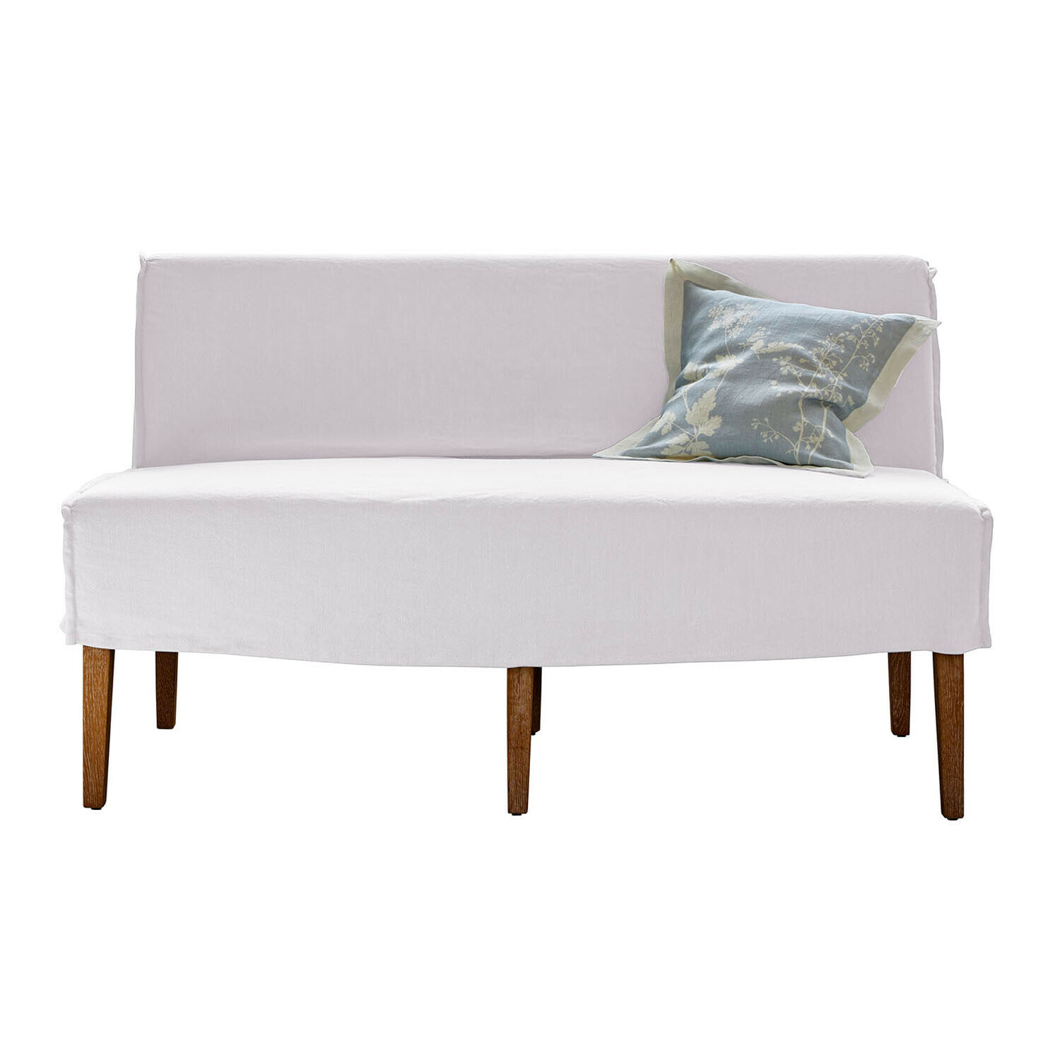 Küchensofa Vinterfjord Weiss gepolsterte Bank mit Holzbeinen und blauem Kissen mit Pflanzenmuster für Wohnzimmer