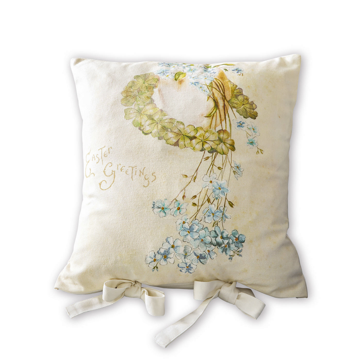 Kissenhülle Fierolla Beiges Baumwollkissen mit Blumenmotiv und Schriftzug «Easter Greetings», dekoratives Kissen im Vintage-Stil