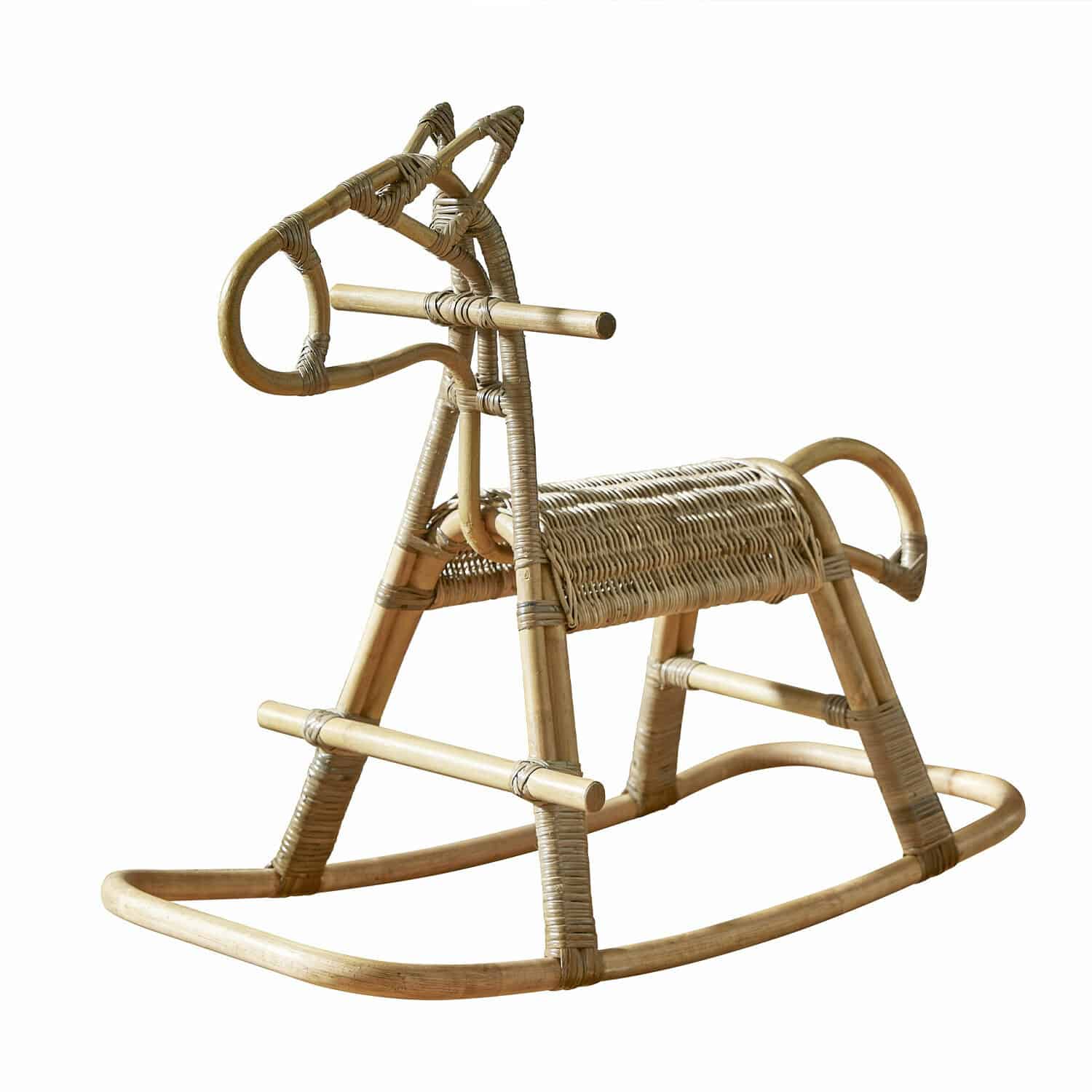 Schaukelpferd Wendeline Kinderschaukelpferd aus natürlichem Rattan in Beige, klassisches Spielzeug fürs Kinderzimmer