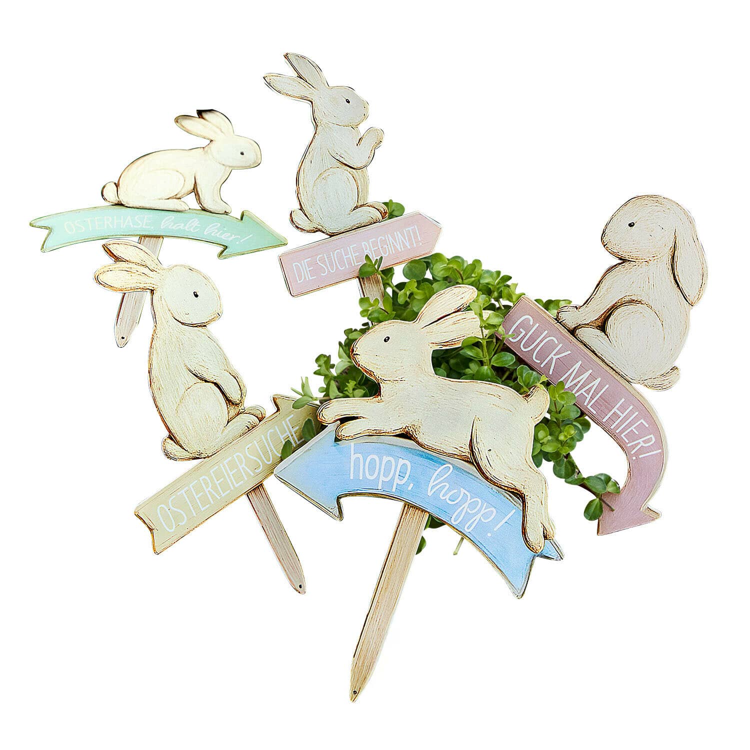Schild 5er Set Shevona Holz-Osterdekoration mit Hasen und bunten Pfeilen für Ostereiersuche im Garten