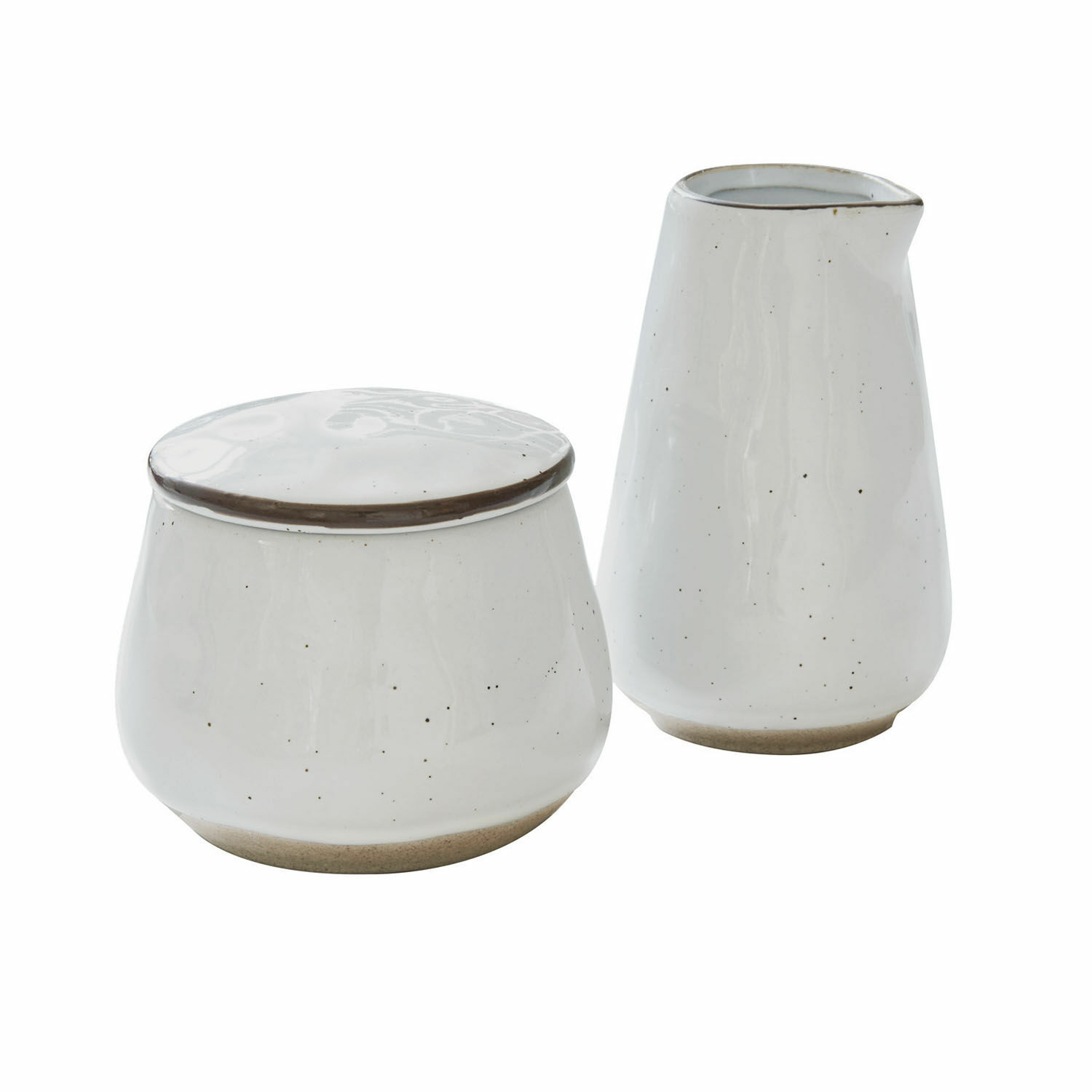 Weisses Keramik-Set mit Zuckerdose und Milchkanne, natürlicher brauner Boden für die Küche