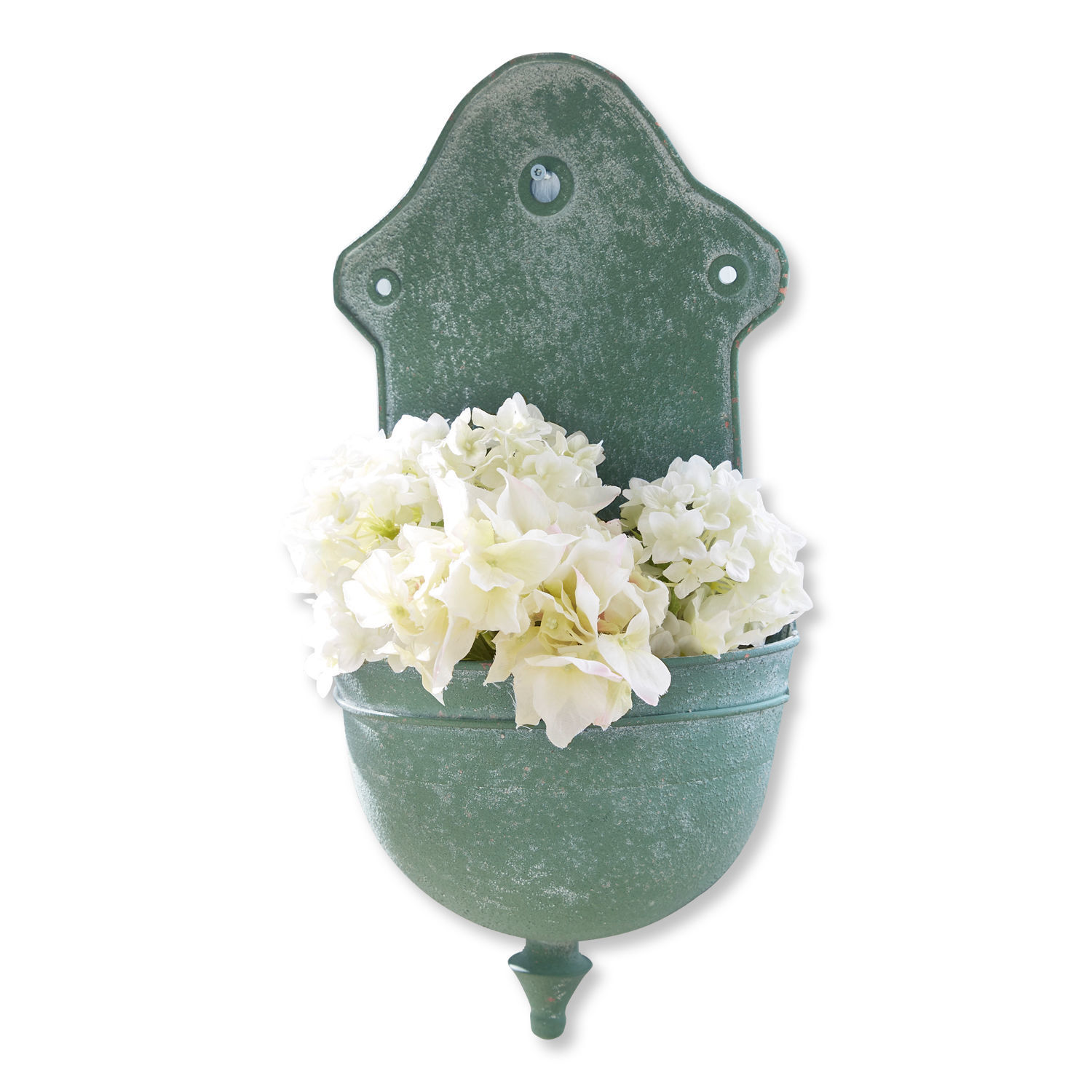 Pflanzbrunnen Sedan Grüne Metall-Wandblumenvase mit weissen Blumen, dekoratives Garten- und Wohnaccessoire