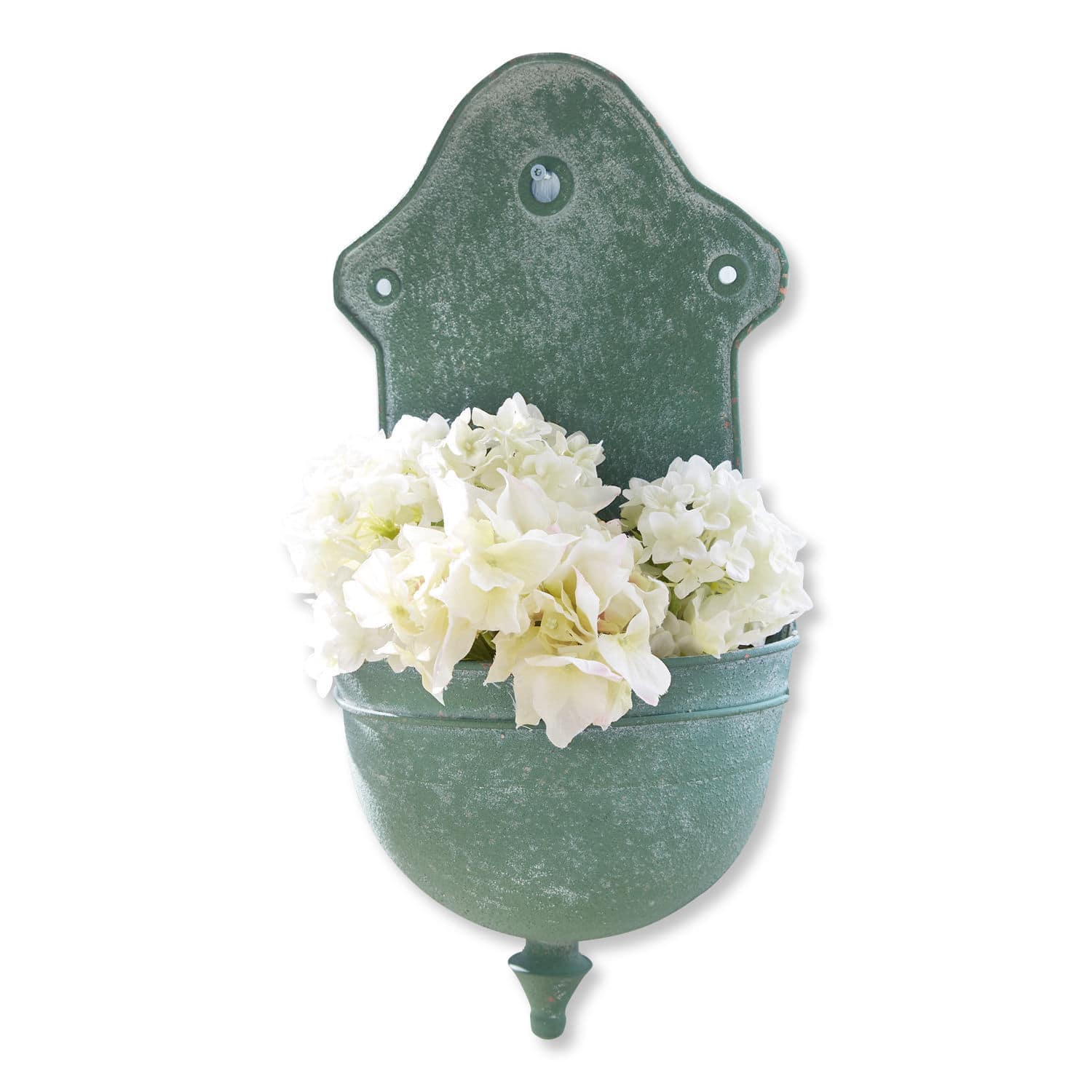 Pflanzbrunnen Sedan Grüne Metall-Wandblumenvase mit weissen Blumen, dekoratives Garten- und Wohnaccessoire