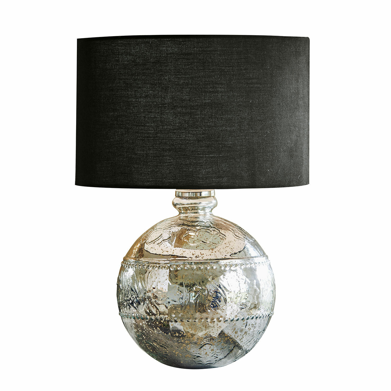 Tischlampe Voyer Dekorative Tischlampe mit kugelförmiger silberner Glasbasis und schwarzem Lampenschirm für das Wohnzimmer