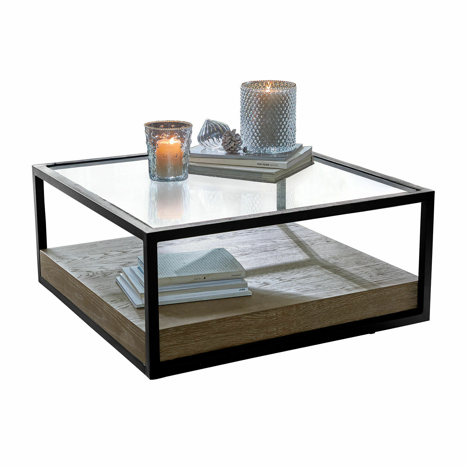 Couchtisch Westvale Quadratischer Couchtisch mit schwarzem Metallgestell, Holzablage und Glasplatte im modernen Design
