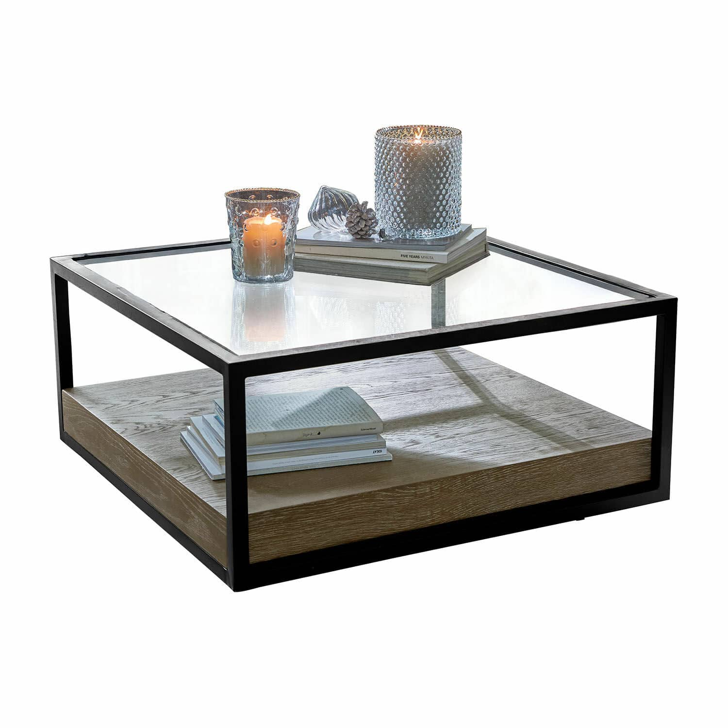 Couchtisch Westvale Quadratischer Couchtisch mit schwarzem Metallgestell, Holzablage und Glasplatte im modernen Design