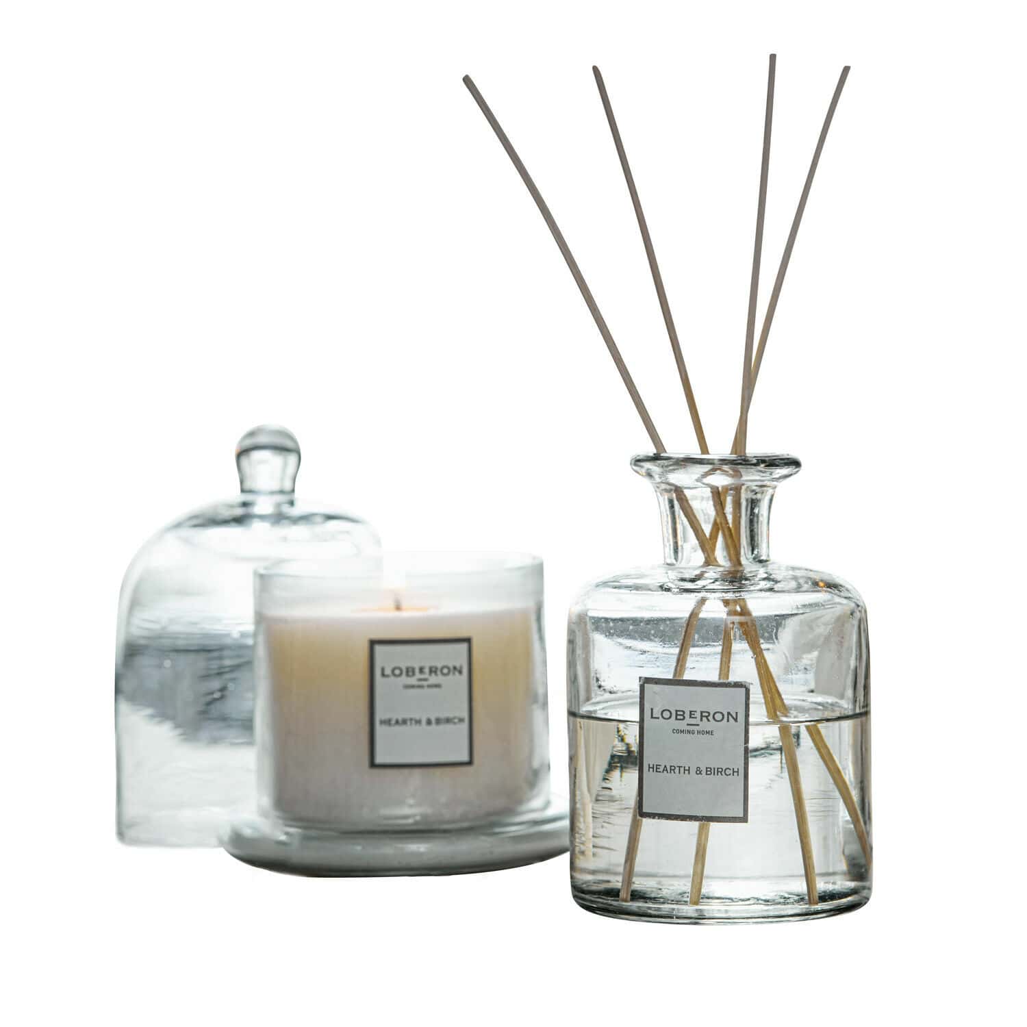 Duftset Vanis Glas-Duftspender und Kerze Hearth & Birch im klaren Glas für Aromatherapie und Wohnambiente