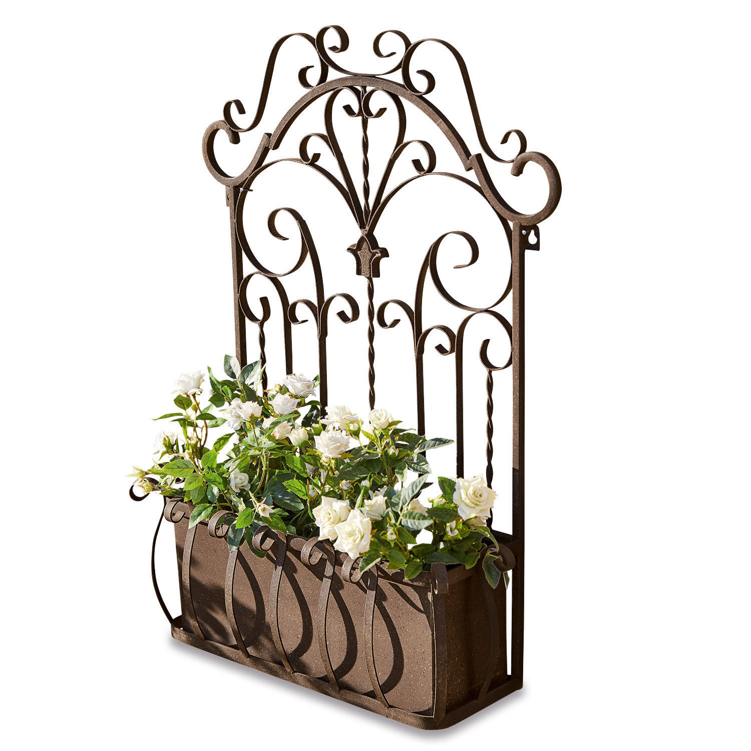 Blumenkasten Secourt Braune Metall-Pflanzbox mit dekorativem Gitter und weissen Blumen für den Garten