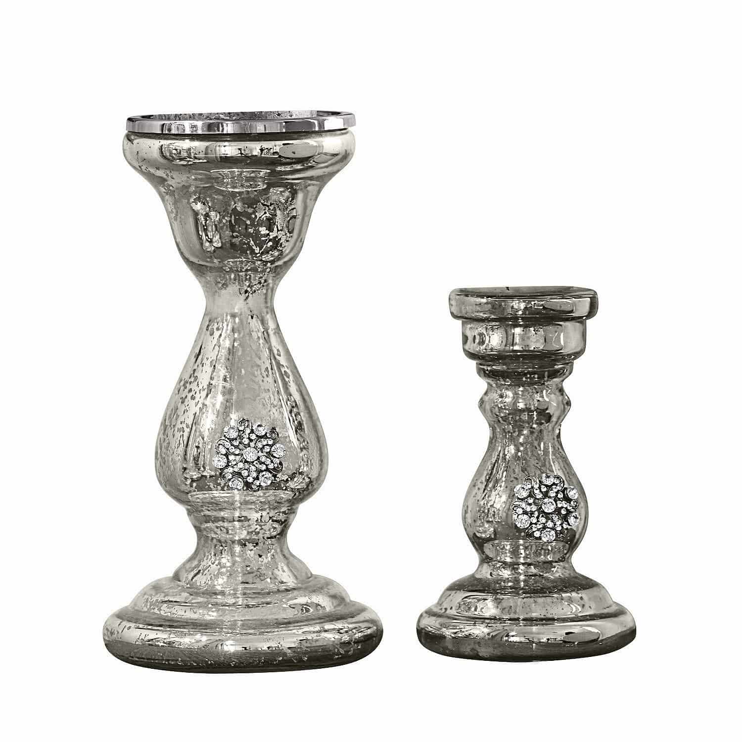 Kerzenständer 2er Set Lysiane Set aus zwei silbernen Glas-Kerzenhaltern mit dekorativen Kristallen zur Wohnraumdekoration
