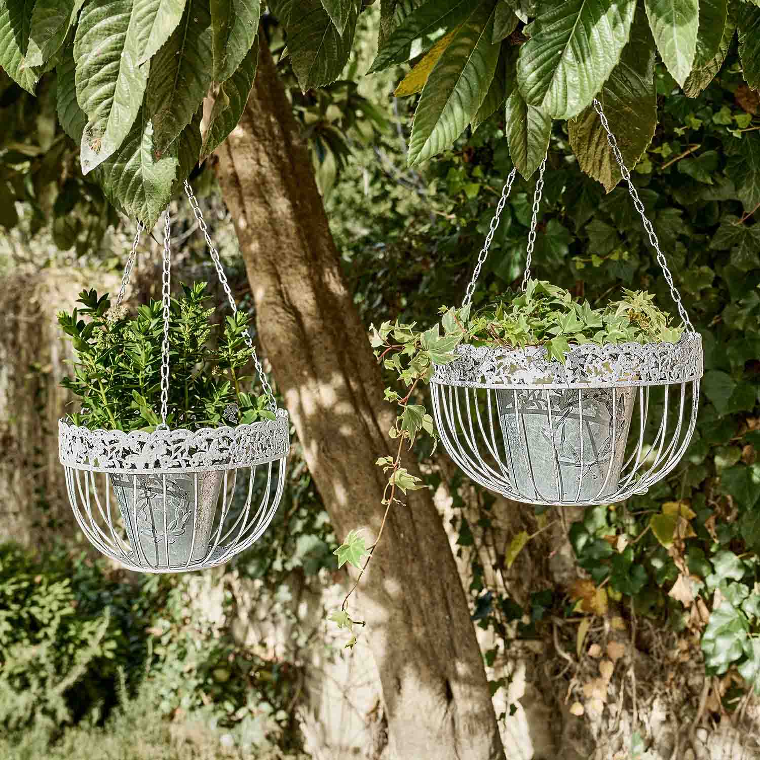 Zwei hängende Metallpflanzkörbe in Silber mit dekorativem Muster und grünen Pflanzen im Garten