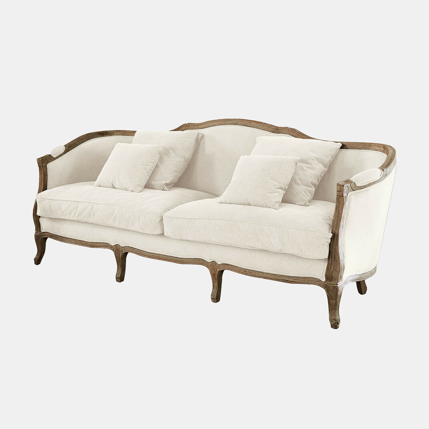 Sofa Monneville Elegantes Sofa mit hellbeigem Stoffbezug und Vintage-Holzrahmen für das Wohnzimmer
