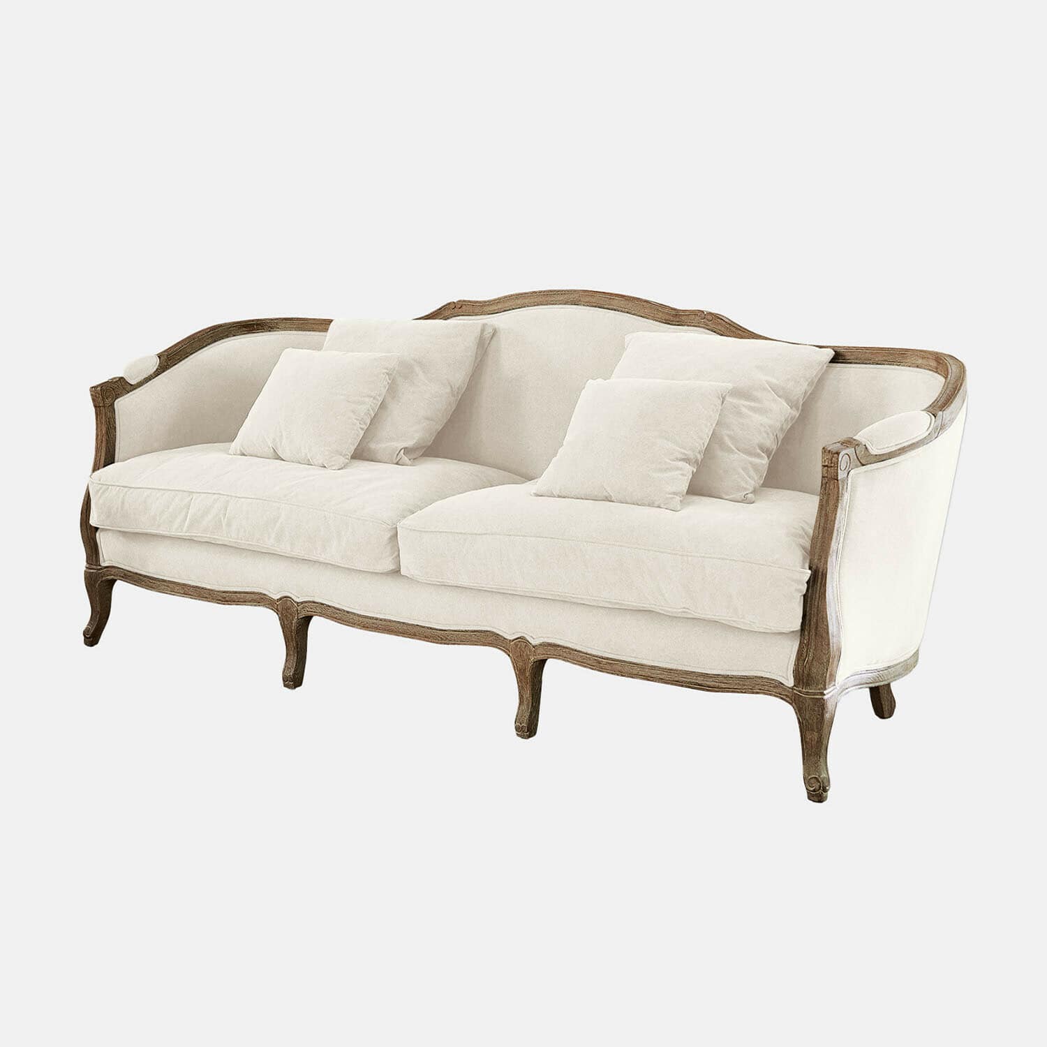 Sofa Monneville Elegantes Sofa mit hellbeigem Stoffbezug und Vintage-Holzrahmen für das Wohnzimmer
