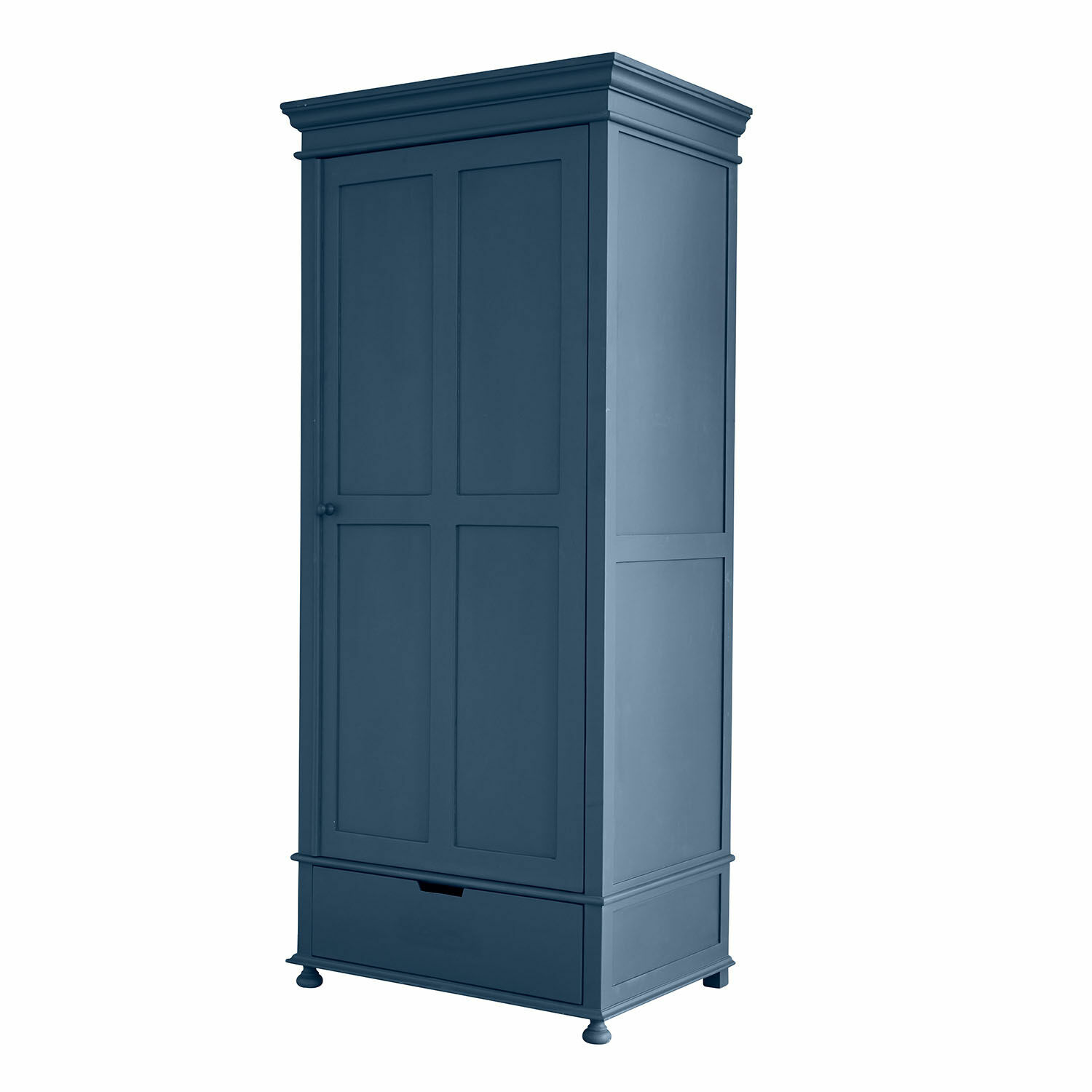 Kleiderschrank Westcombe Hoher Holzschrank in Dunkelblau mit Schublade und klassischer Türfüllung für Stauraum.