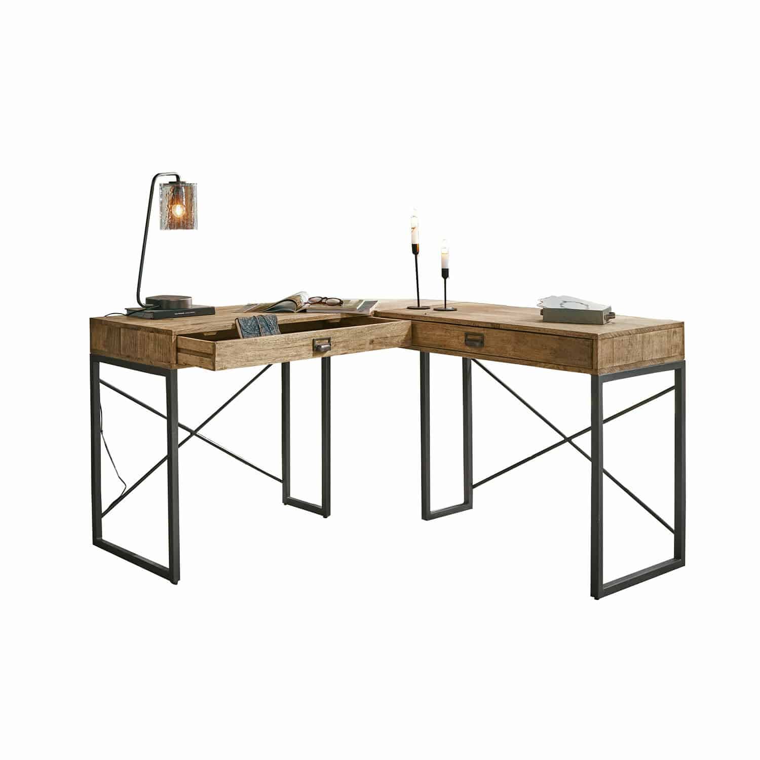 Schreibtisch Lemuel Eckschreibtisch aus Mangoholz und schwarzem Metall in natürlicher Farbe für modernes Büro.