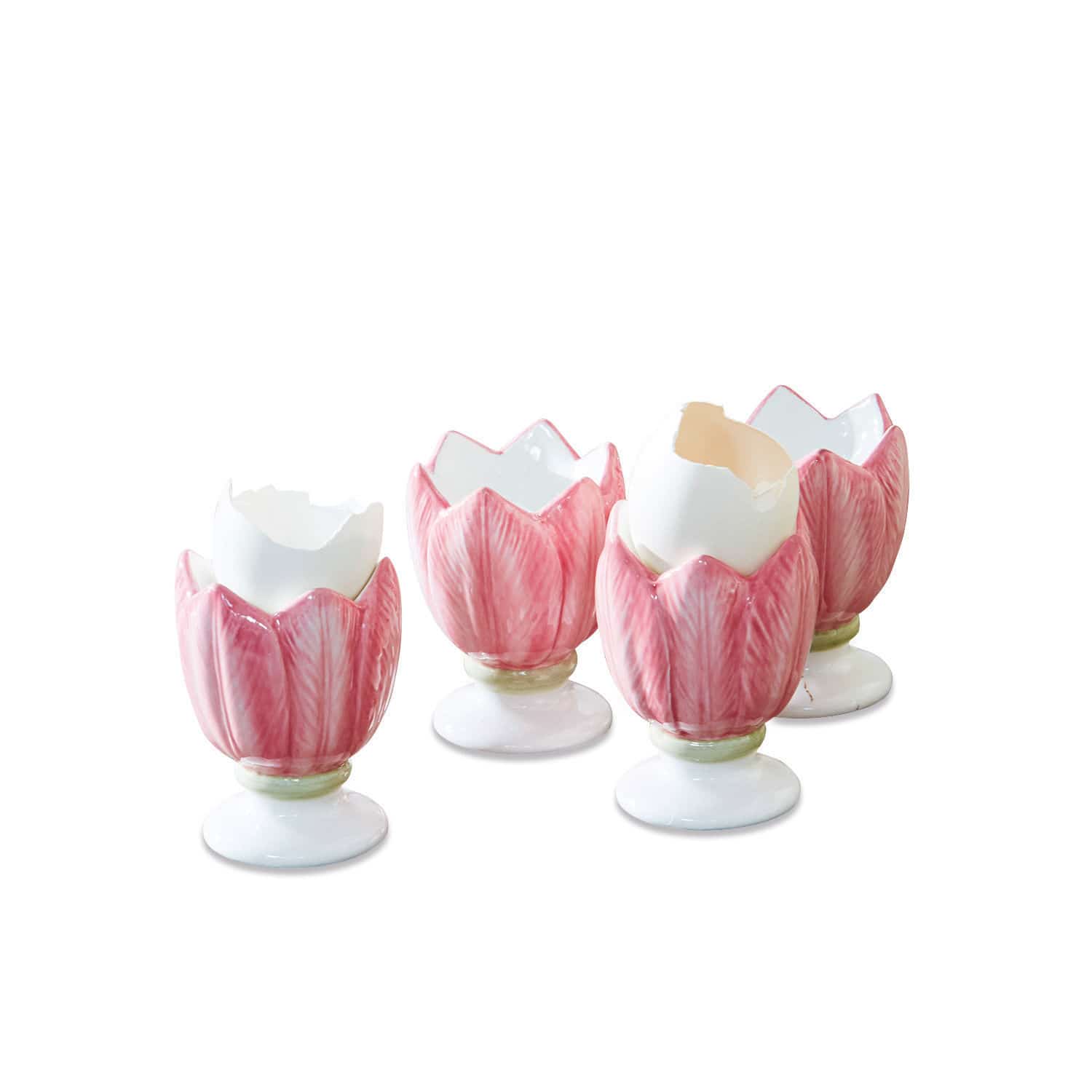 Eierbecher 4er Set Mireille Set aus vier rosa Keramik-Eierbechern in Tulpenform mit weissen Eierschalen
