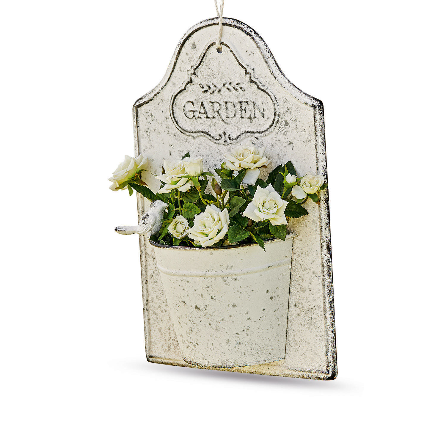 Wand-Pflanztopf Helsa Vintage Metall-Wanddekoration mit weissen Rosen und Schriftzug «Garden» für den Gartenbereich