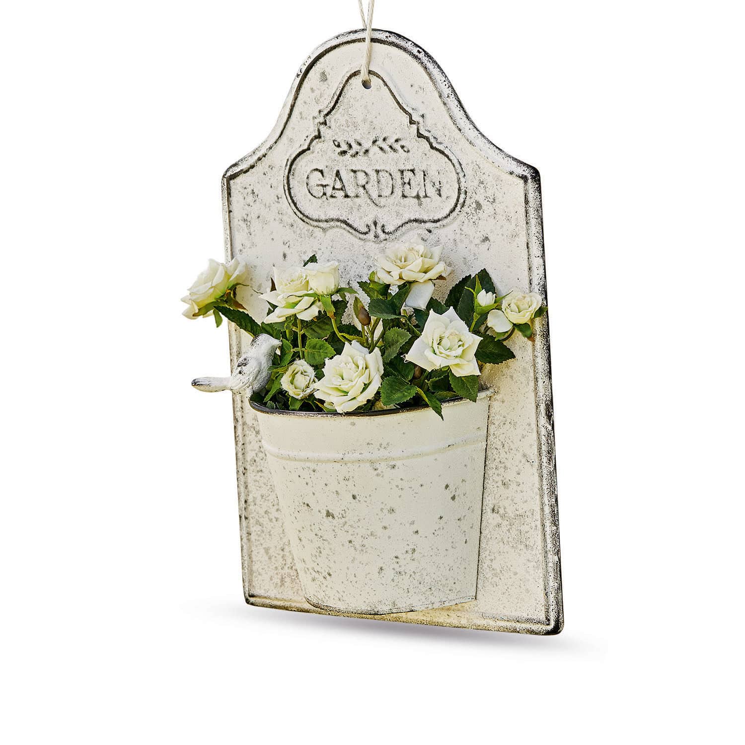Wand-Pflanztopf Helsa Vintage Metall-Wanddekoration mit weissen Rosen und Schriftzug «Garden» für den Gartenbereich