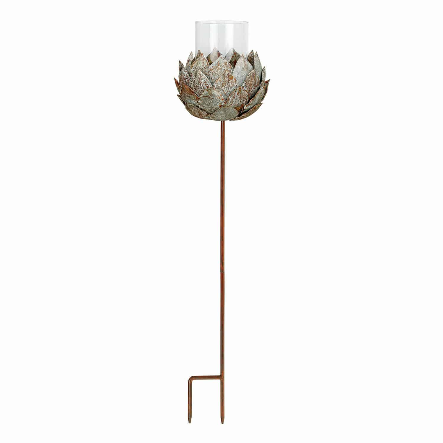 Kerzenhalter Cuvier Metall-Gartenstecker in Blumenform mit klarem Glas und rostiger Patina