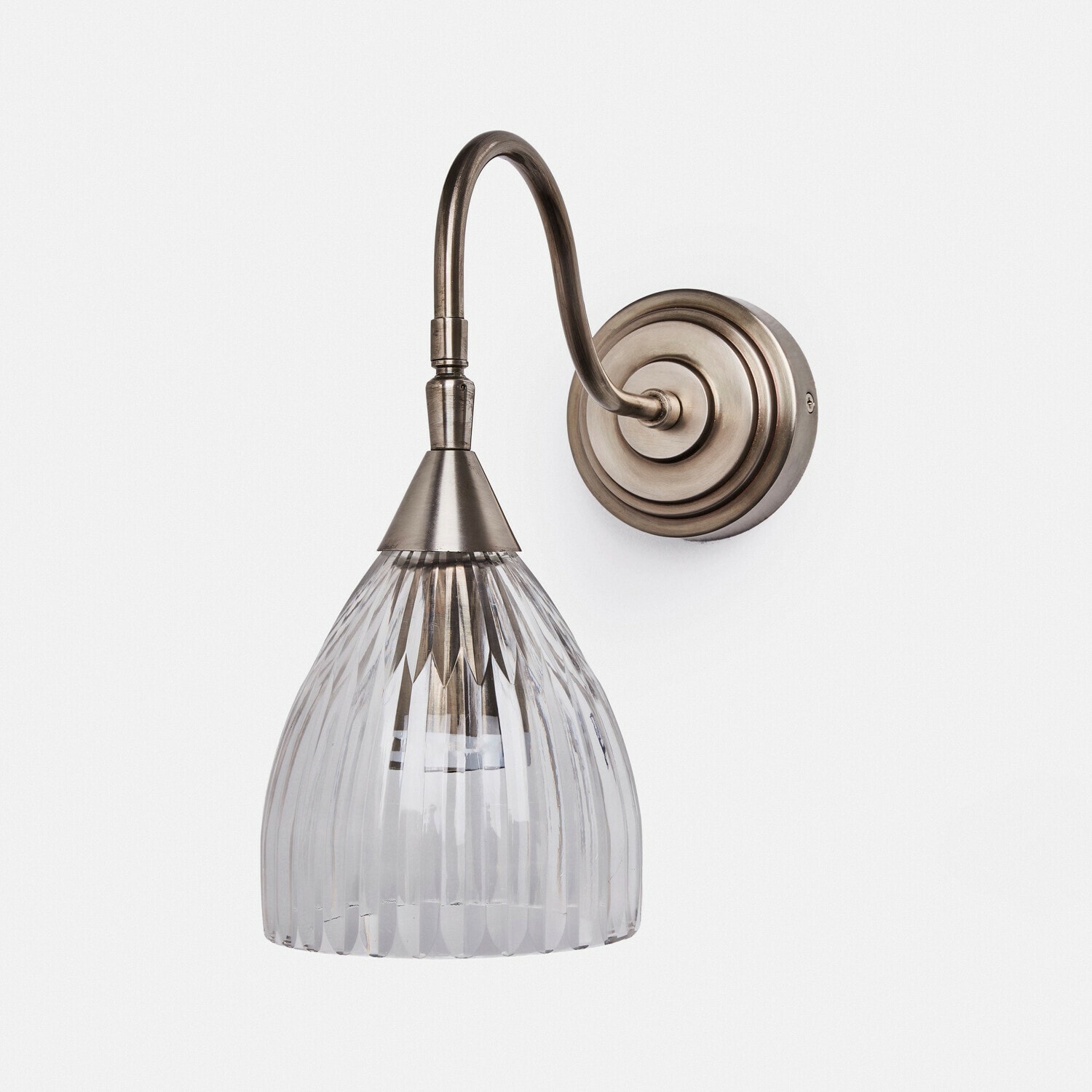 Wandleuchte aus Metall in antik-silber mit klarem Glas-Schirm, elegantes Wohnzimmerlicht