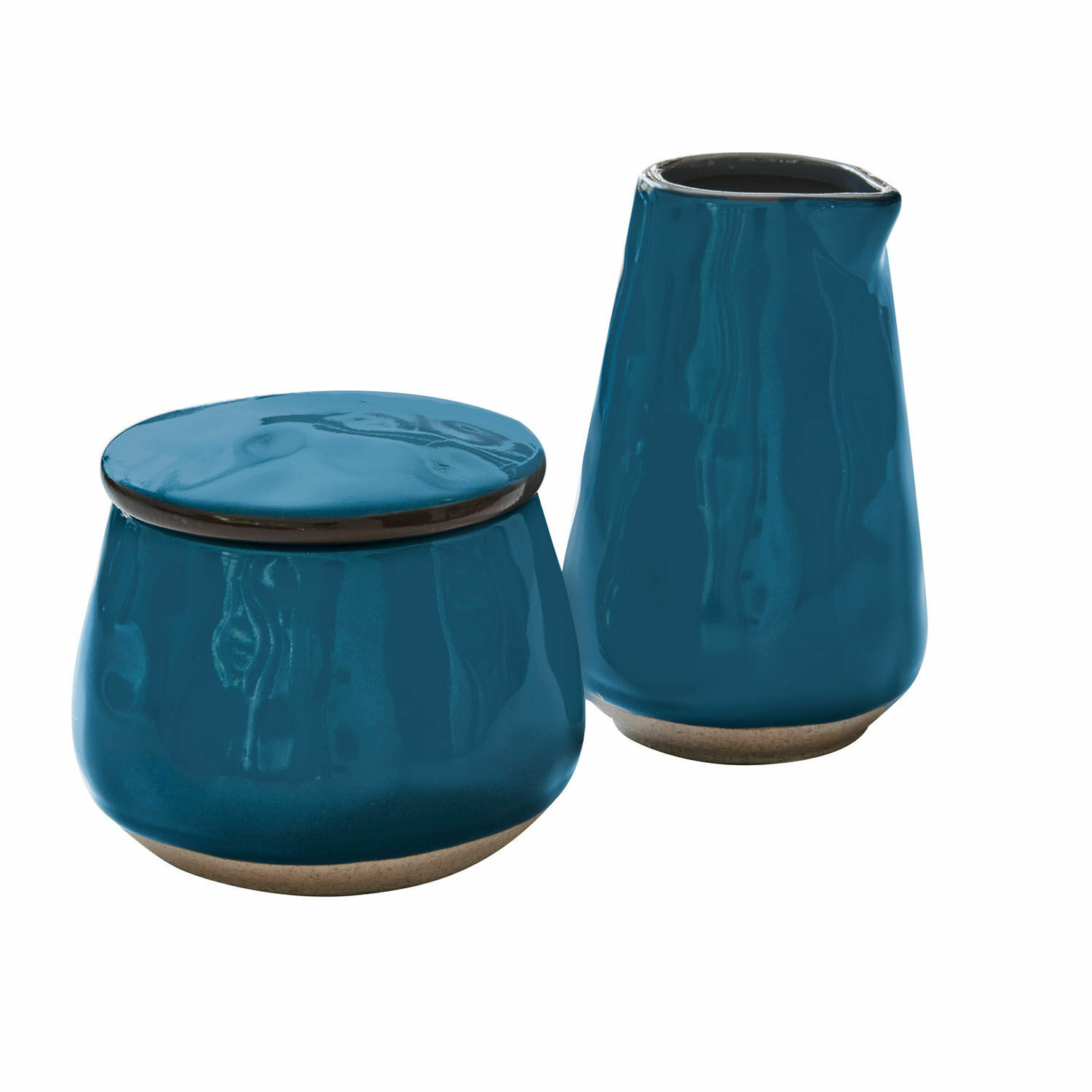 Keramik-Zuckerdose und Milchkännchen in Blau mit natürlichem Boden für die Küche